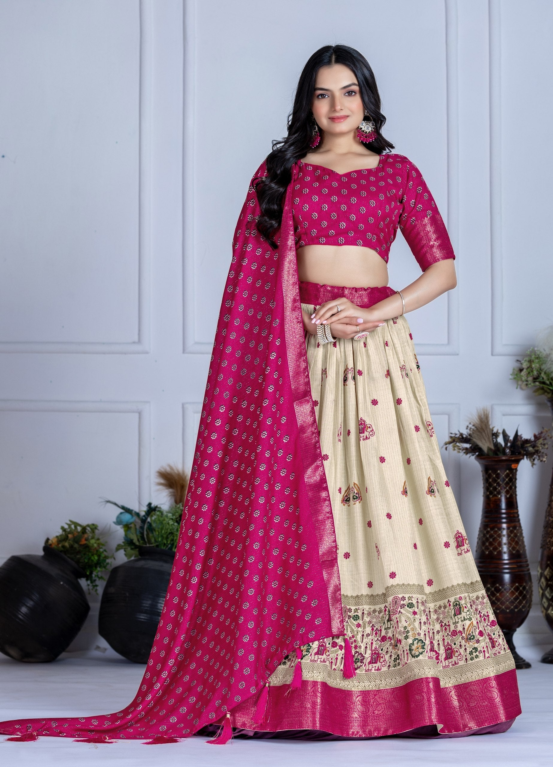 DEIANA'S Jacquard With Jari Print Weaving Lehenga Choli - Off White - Swadesiicart