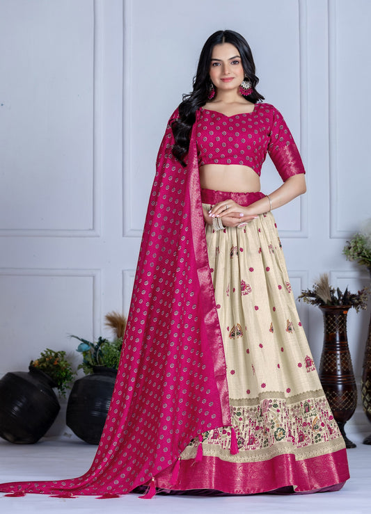 DEIANA'S Jacquard With Jari Print Weaving Lehenga Choli - Off White - Swadesiicart