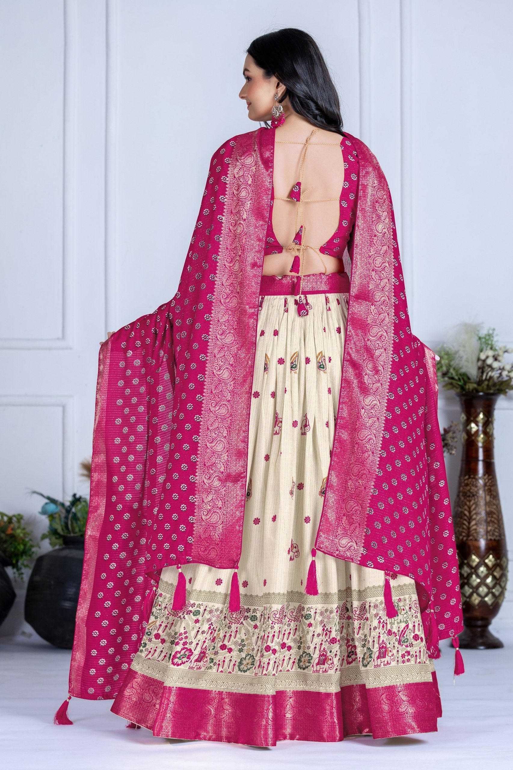 DEIANA'S Jacquard With Jari Print Weaving Lehenga Choli - Off White - Swadesiicart