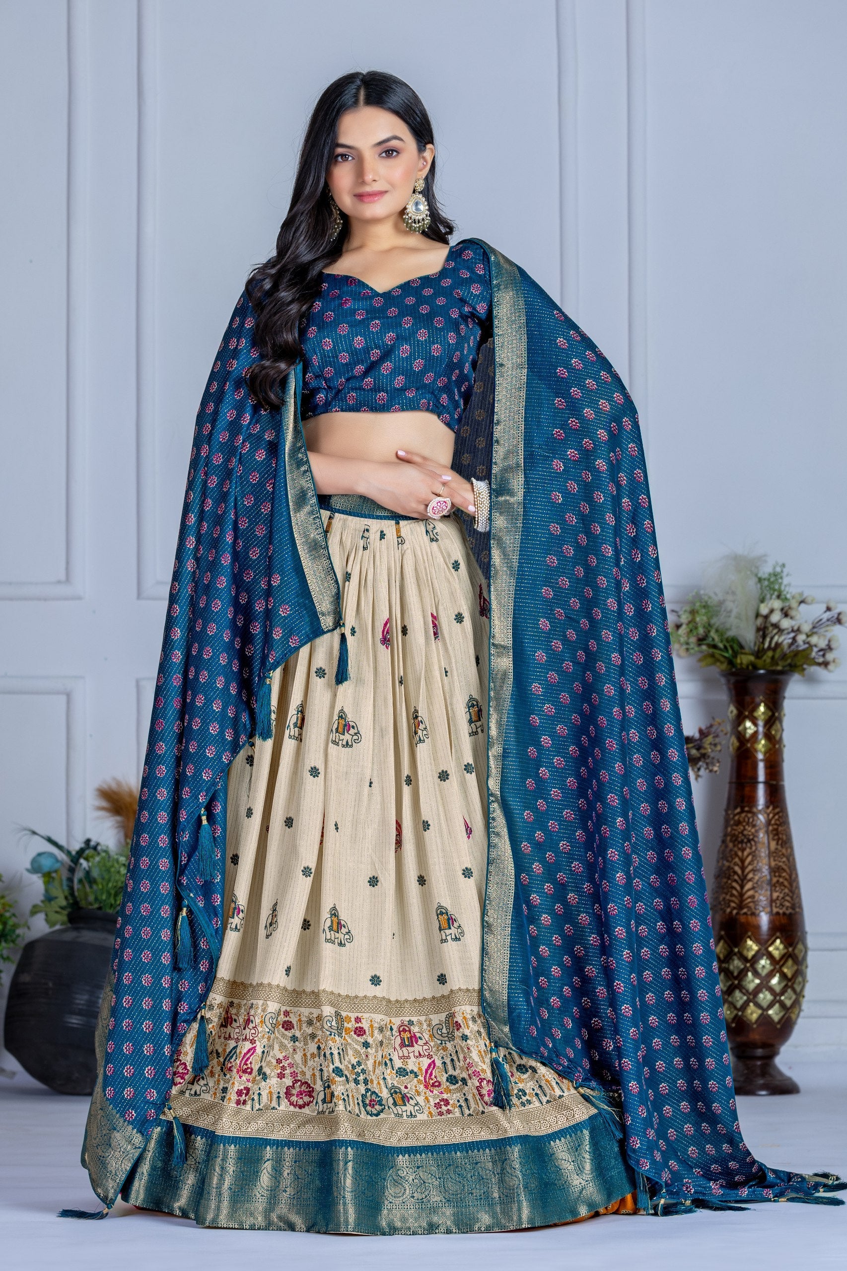DEIANA'S Jacquard With Jari Print Weaving Lehenga Choli - Off White - Swadesiicart