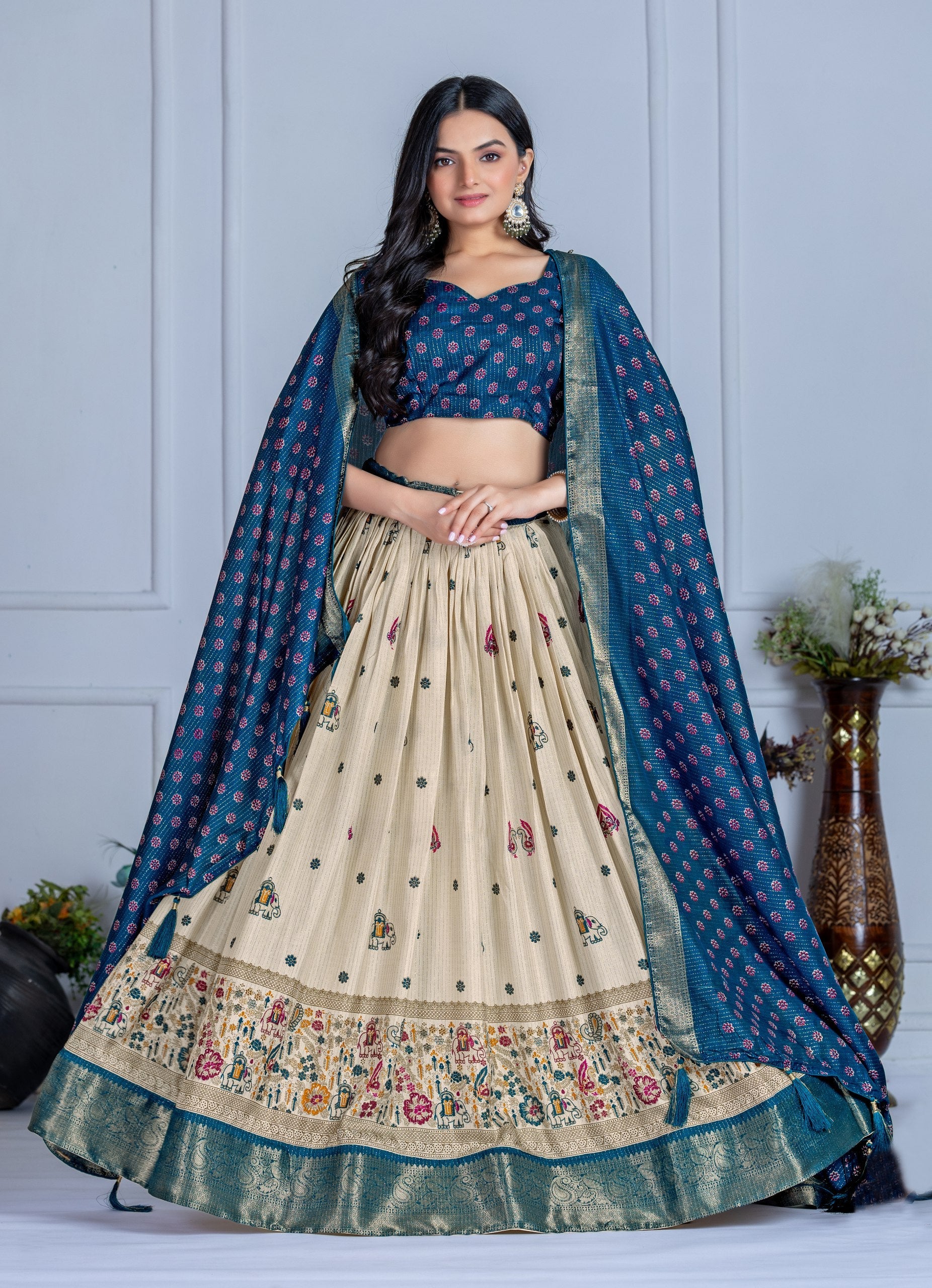 DEIANA'S Jacquard With Jari Print Weaving Lehenga Choli - Off White - Swadesiicart