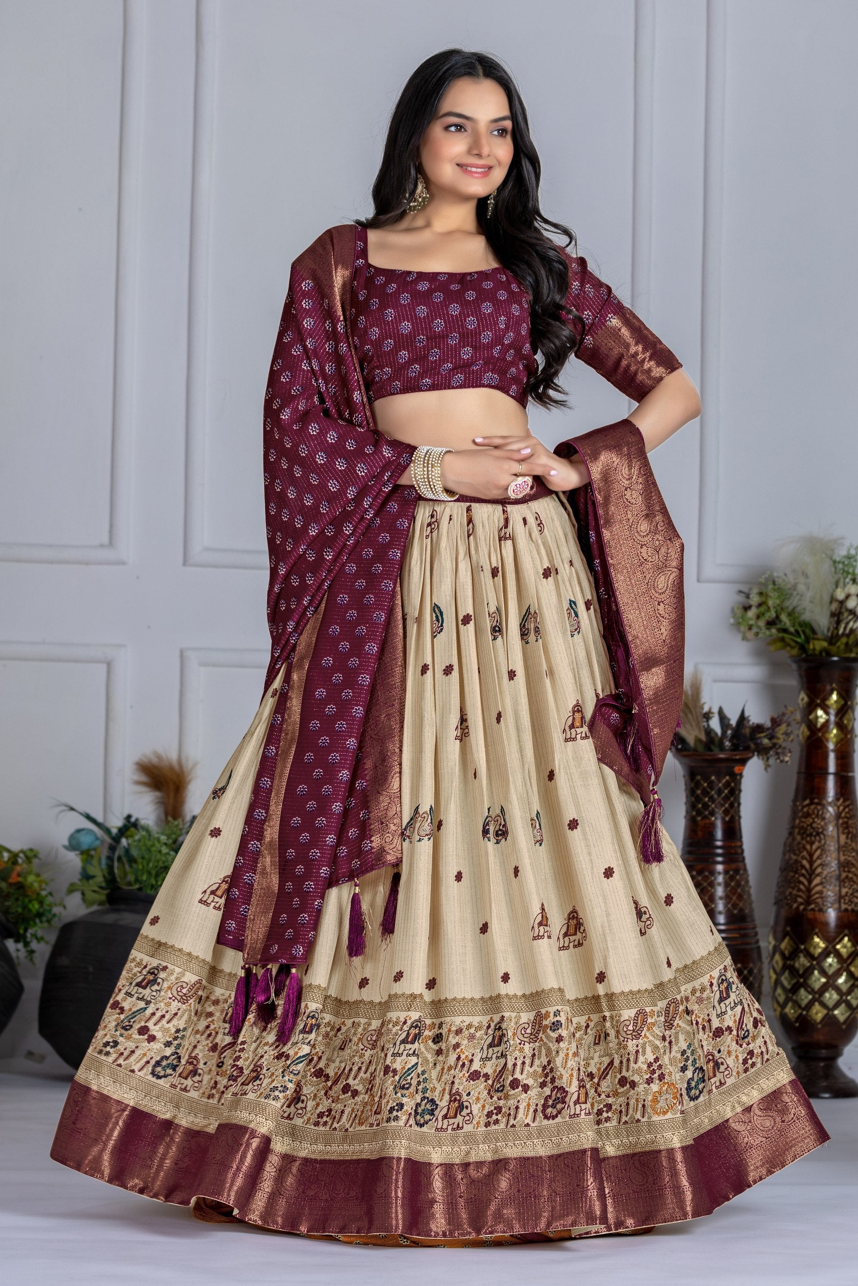 DEIANA'S Jacquard With Jari Print Weaving Lehenga Choli - Off White - Swadesiicart