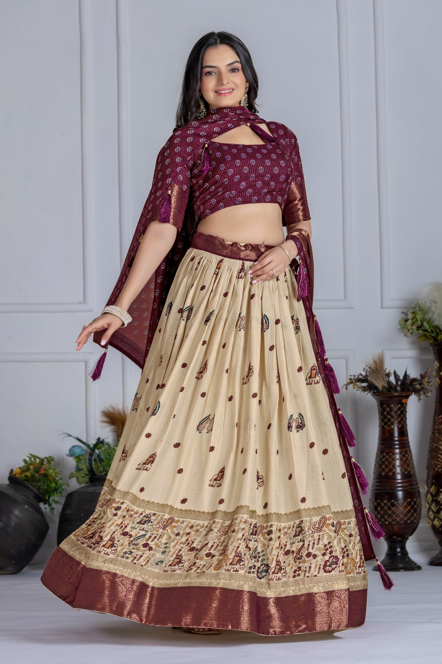 DEIANA'S Jacquard With Jari Print Weaving Lehenga Choli - Off White - Swadesiicart