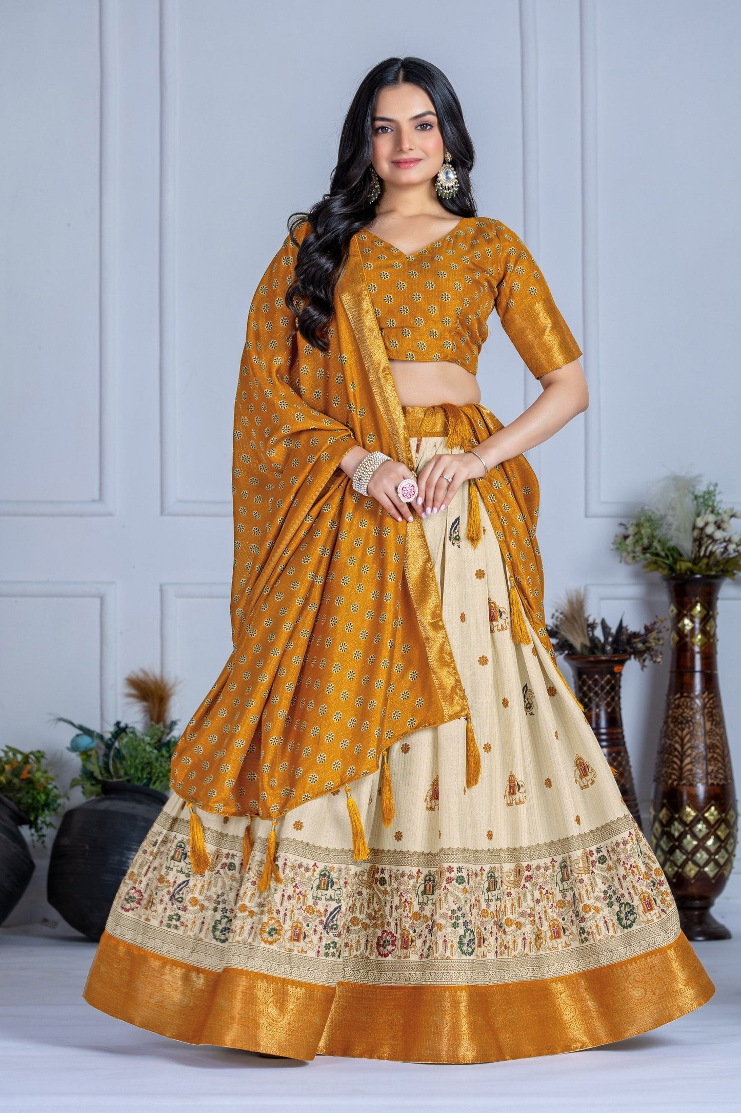 DEIANA'S Jacquard With Jari Print Weaving Lehenga Choli - Off White - Swadesiicart