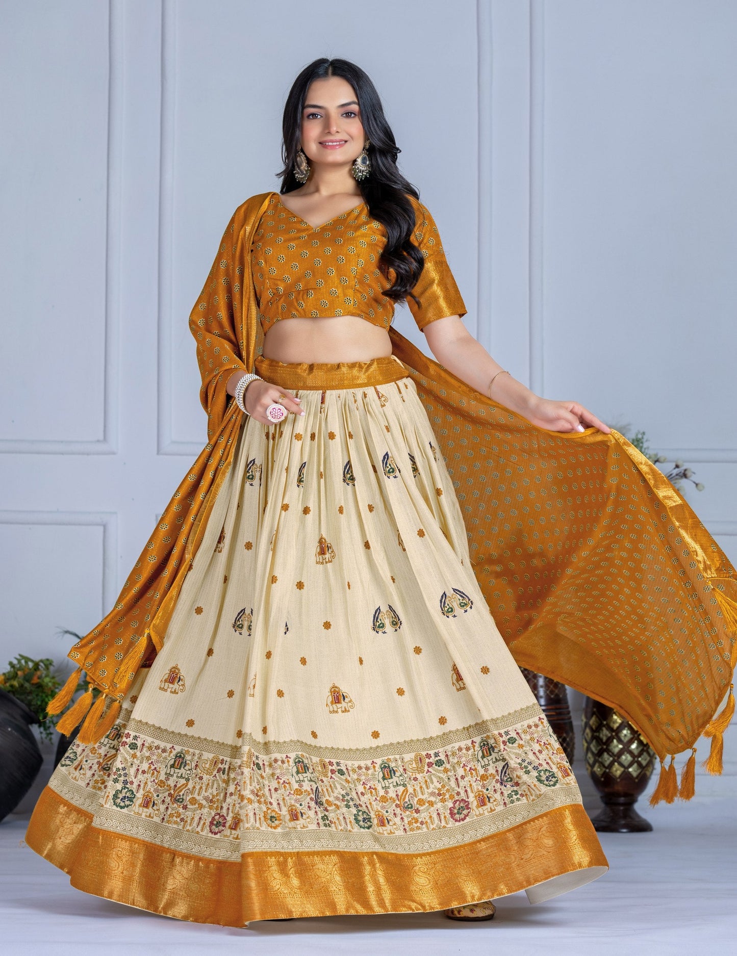 DEIANA'S Jacquard With Jari Print Weaving Lehenga Choli - Off White - Swadesiicart
