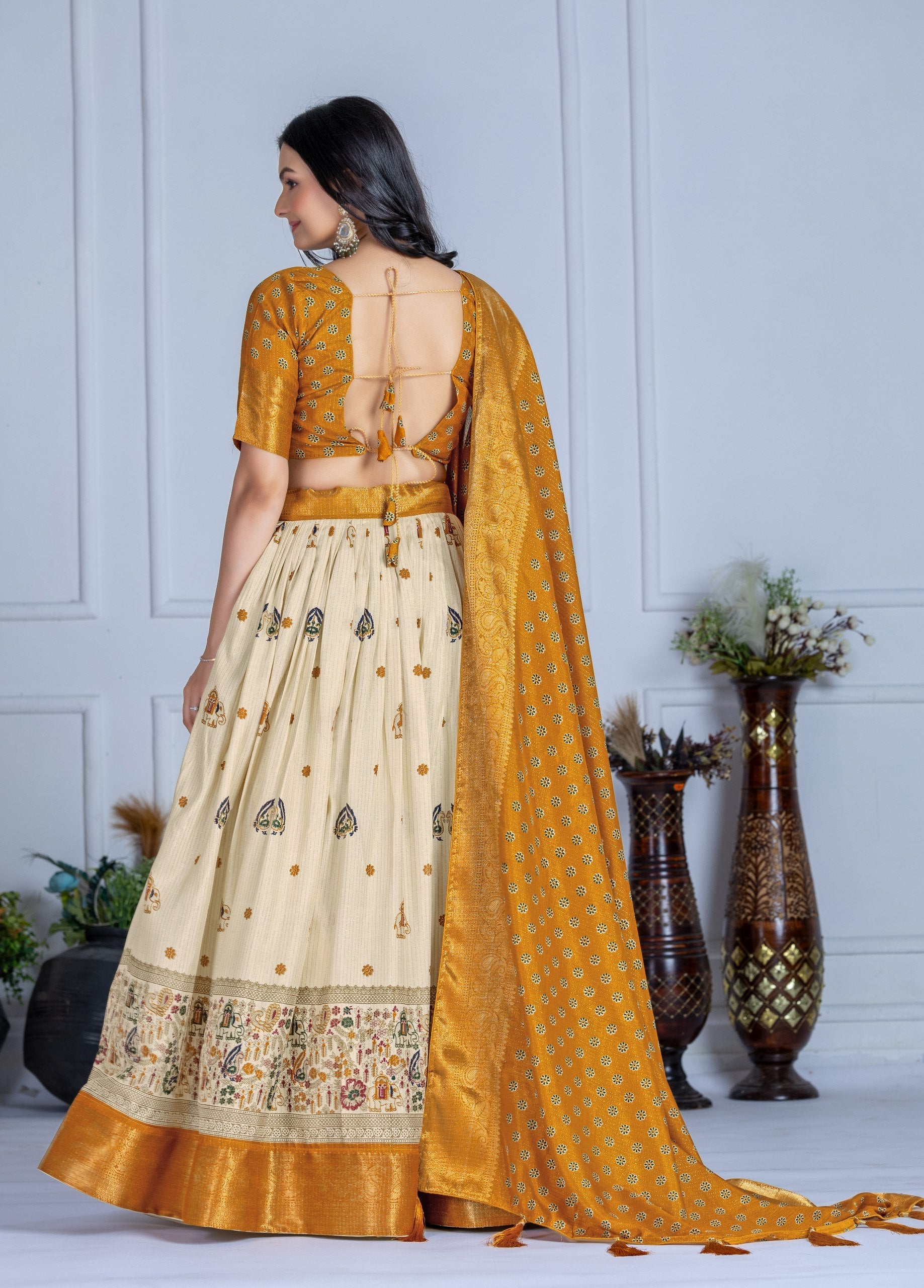 DEIANA'S Jacquard With Jari Print Weaving Lehenga Choli - Off White - Swadesiicart