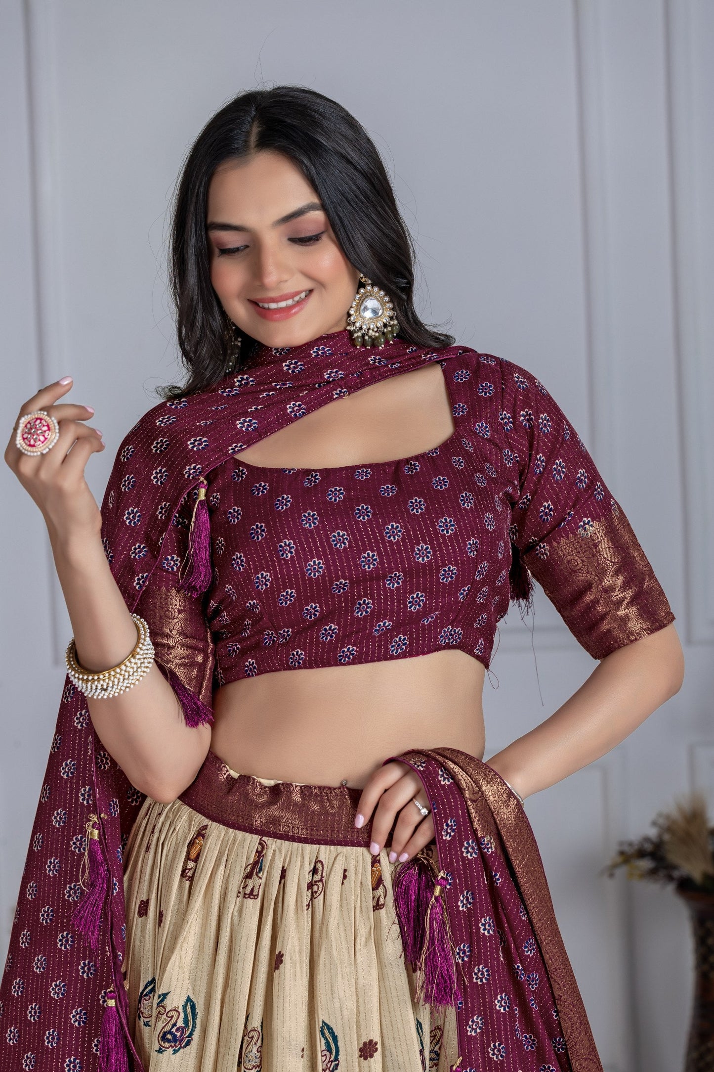 DEIANA'S Jacquard With Jari Print Weaving Lehenga Choli - Off White - Swadesiicart