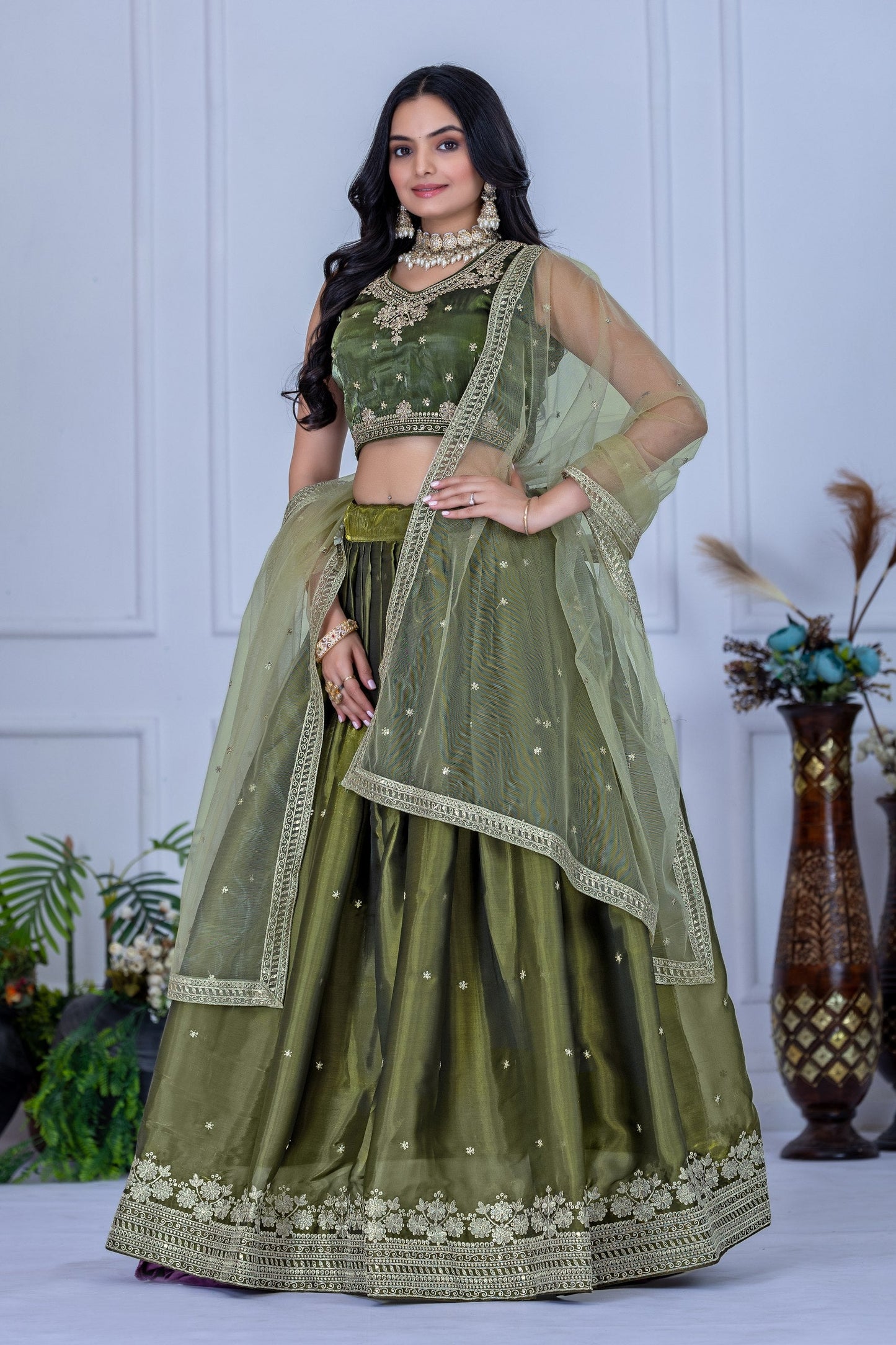 DEIANA'S Heavy Embroidery With Sequence Work Lehenga Choli - Mehndi - Swadesiicart