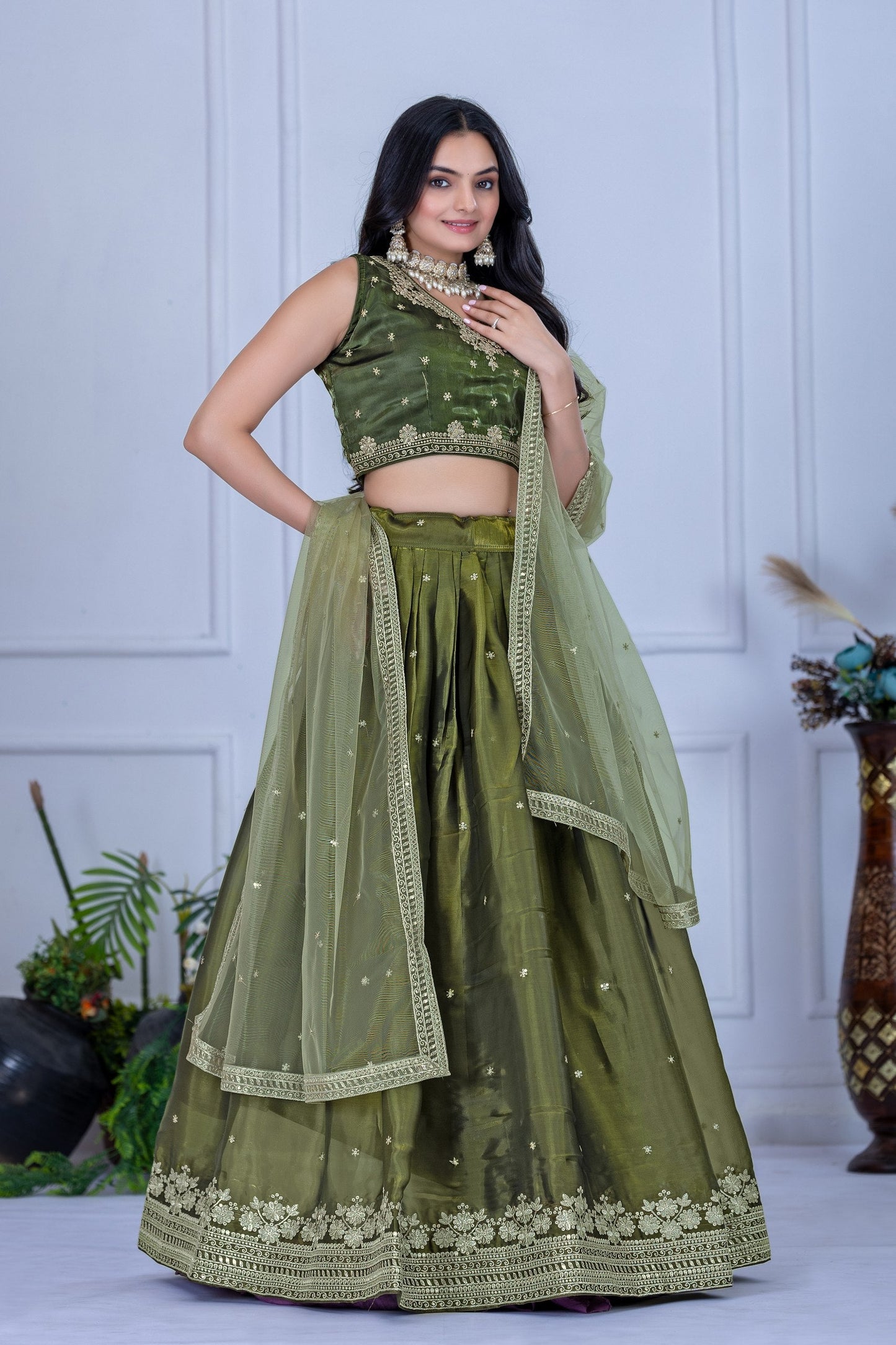 DEIANA'S Heavy Embroidery With Sequence Work Lehenga Choli - Mehndi - Swadesiicart