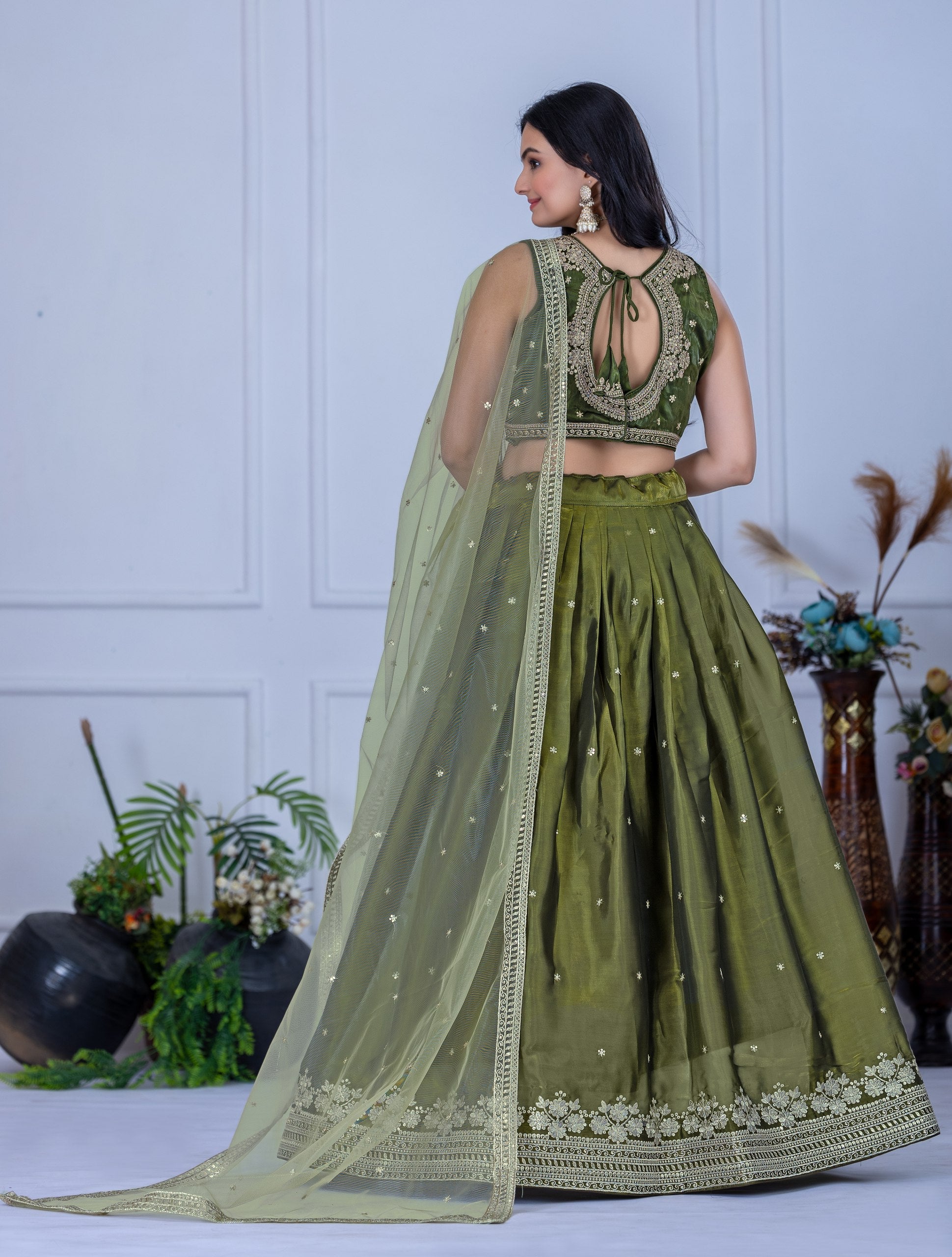 DEIANA'S Heavy Embroidery With Sequence Work Lehenga Choli - Mehndi - Swadesiicart