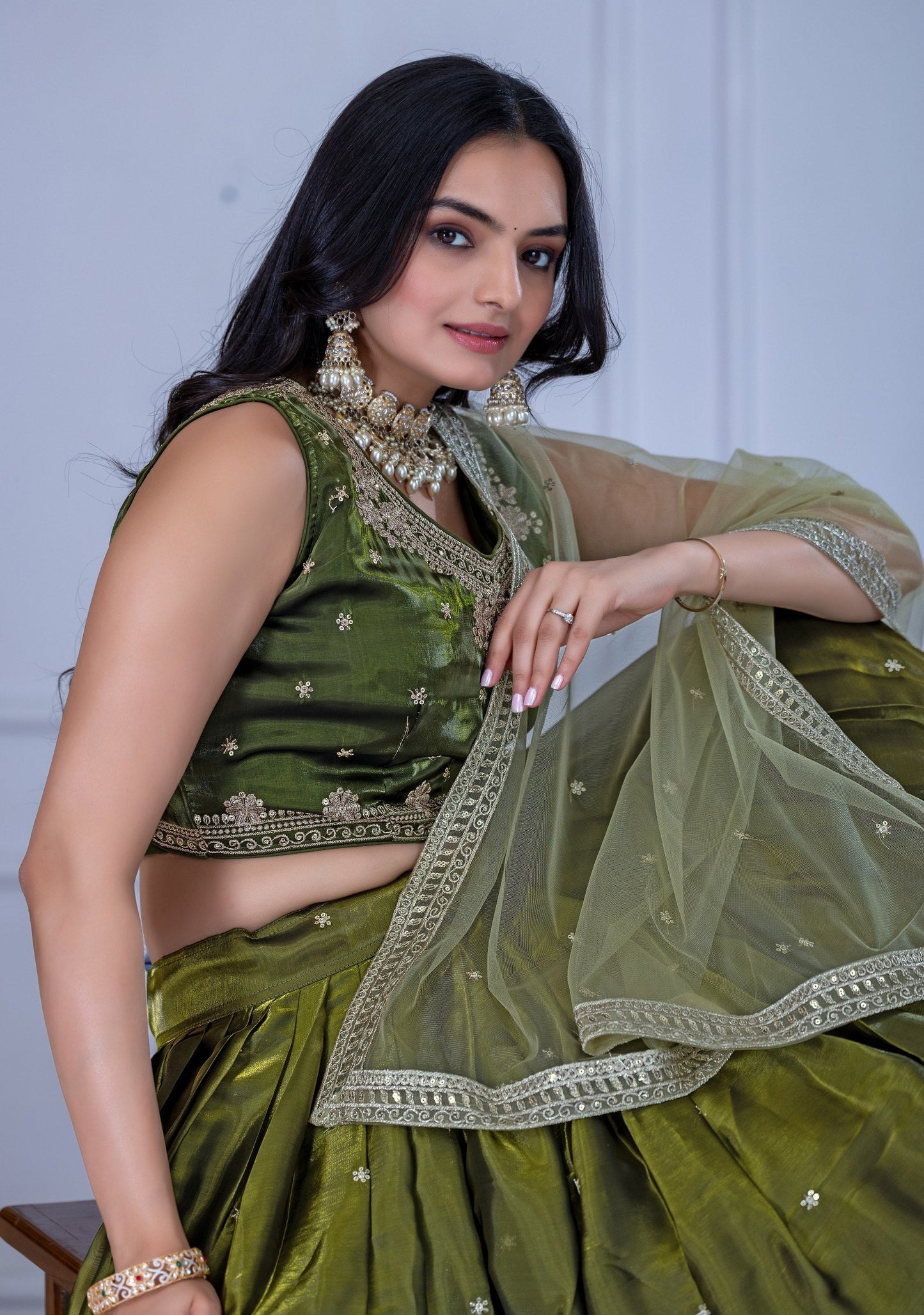 DEIANA'S Heavy Embroidery With Sequence Work Lehenga Choli - Mehndi - Swadesiicart
