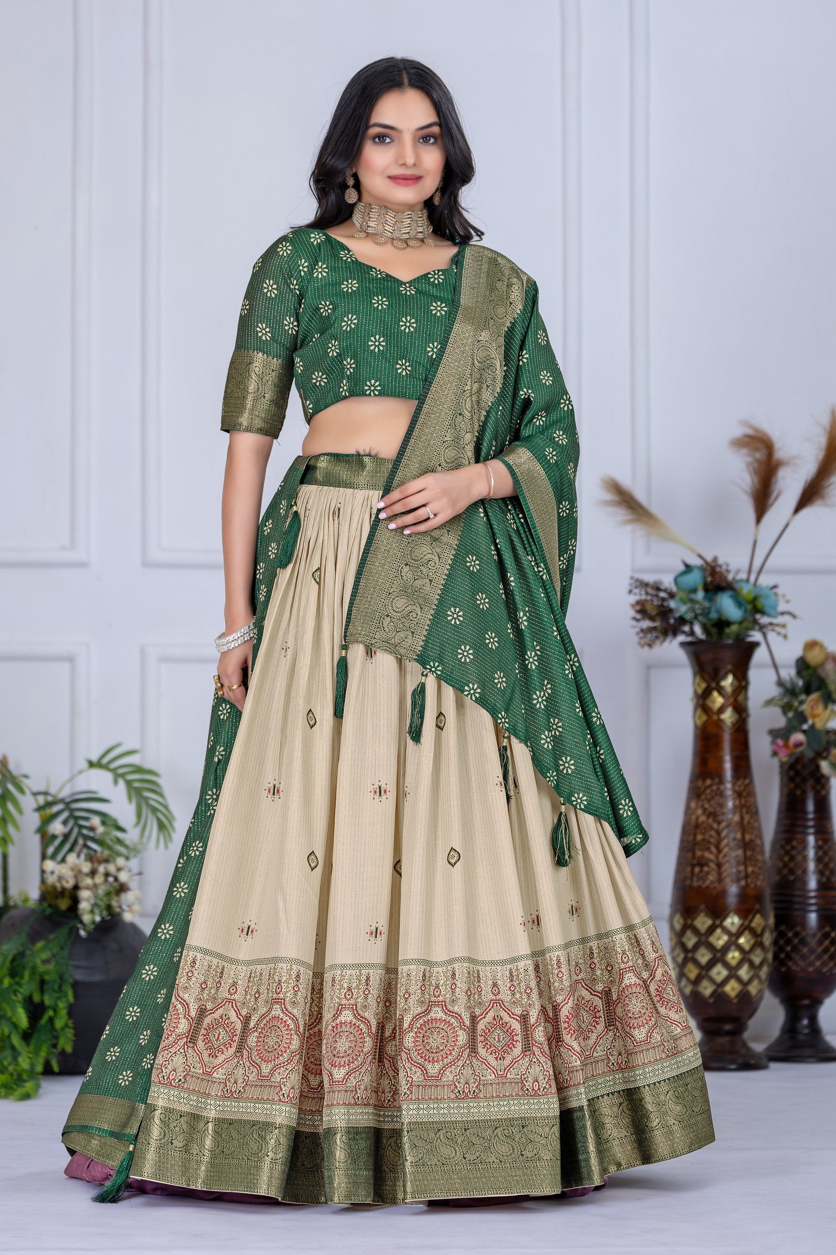 DEIANA'S Jacquard With Jari Lining With Print Lehenga Choli - Off White - Swadesiicart