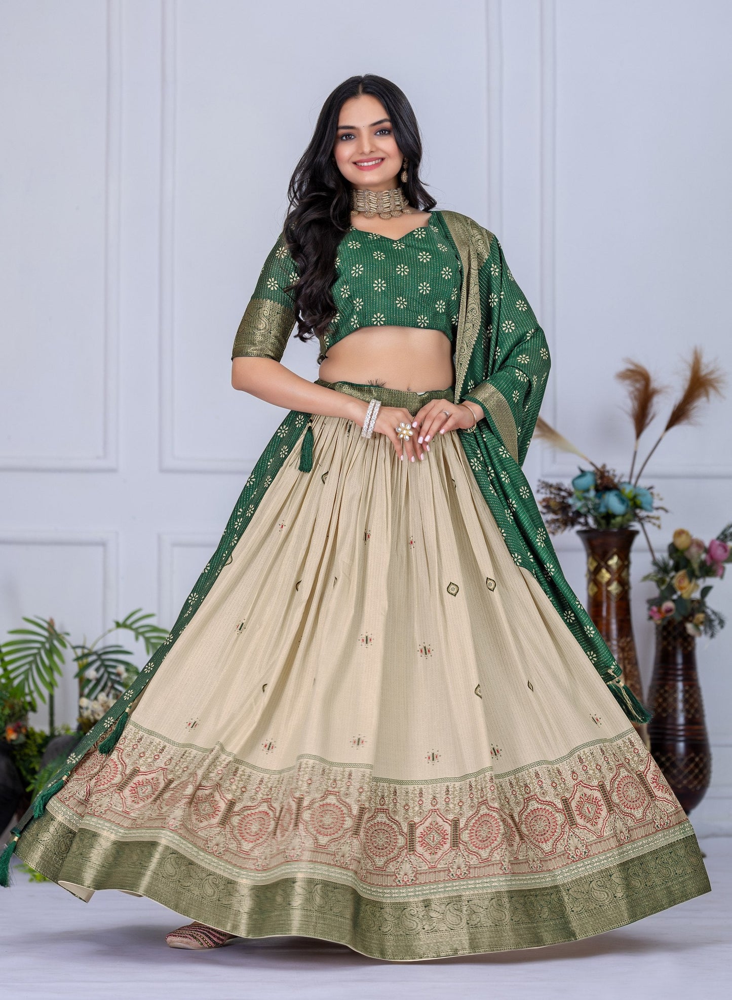 DEIANA'S Jacquard With Jari Lining With Print Lehenga Choli - Off White - Swadesiicart