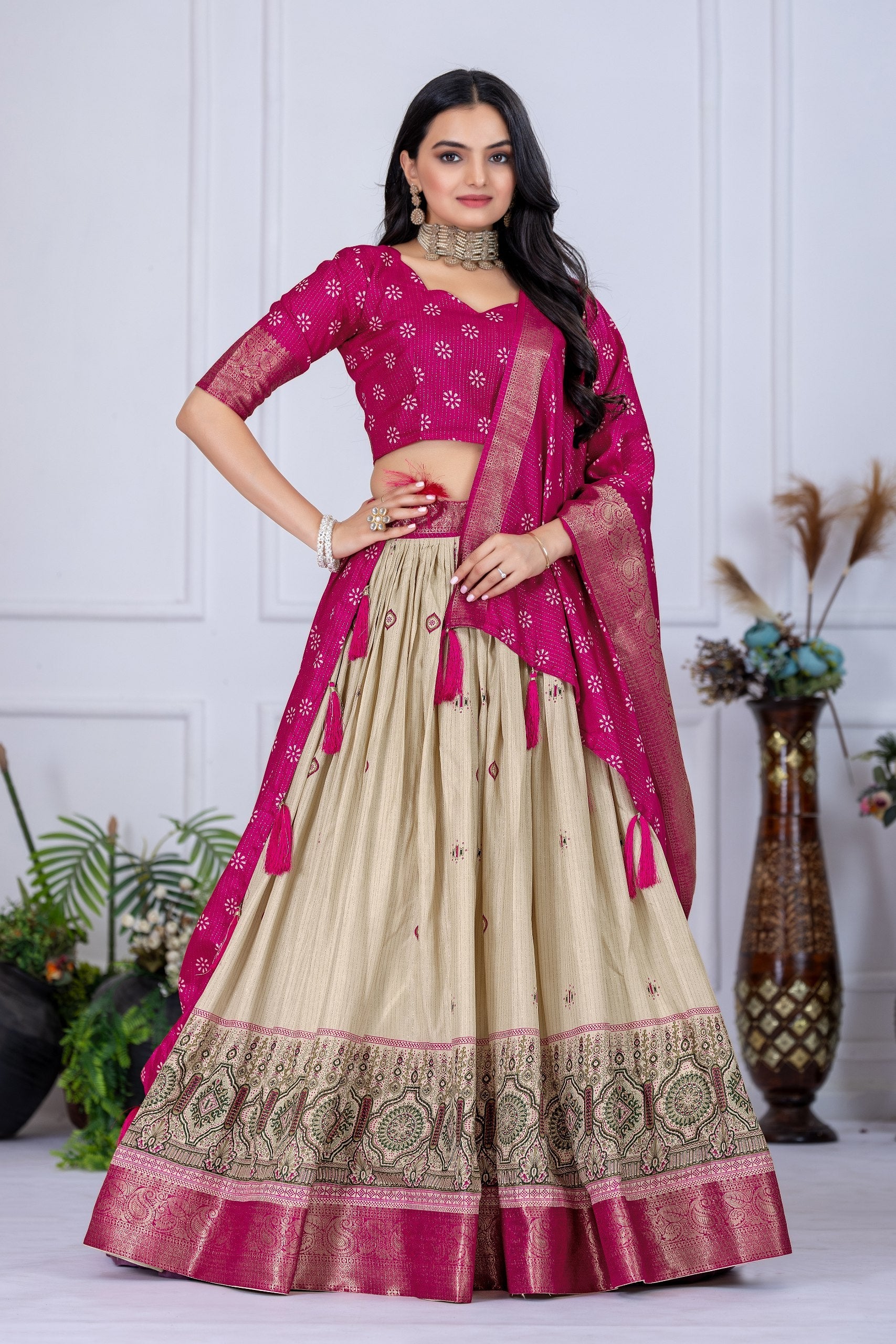 DEIANA'S Jacquard With Jari Lining With Print Lehenga Choli - Off White - Swadesiicart
