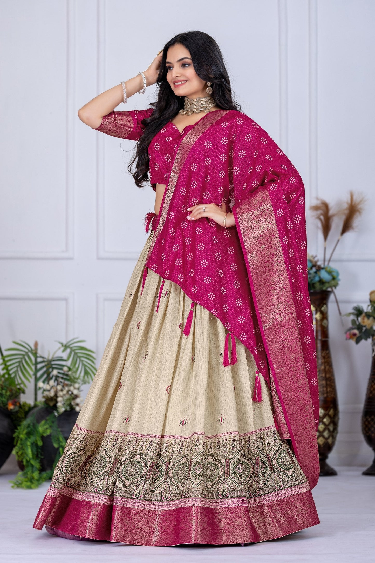 DEIANA'S Jacquard With Jari Lining With Print Lehenga Choli - Off White - Swadesiicart