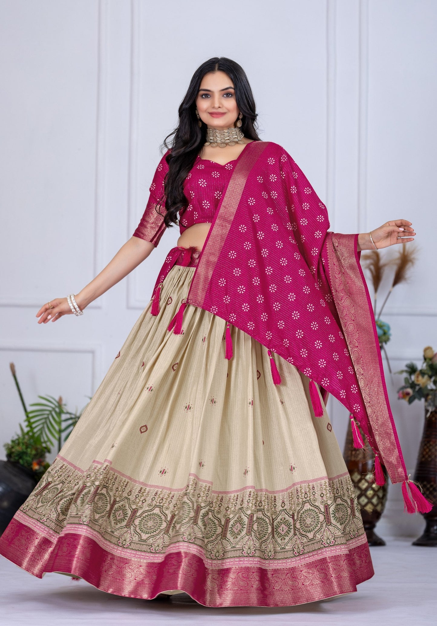 DEIANA'S Jacquard With Jari Lining With Print Lehenga Choli - Off White - Swadesiicart