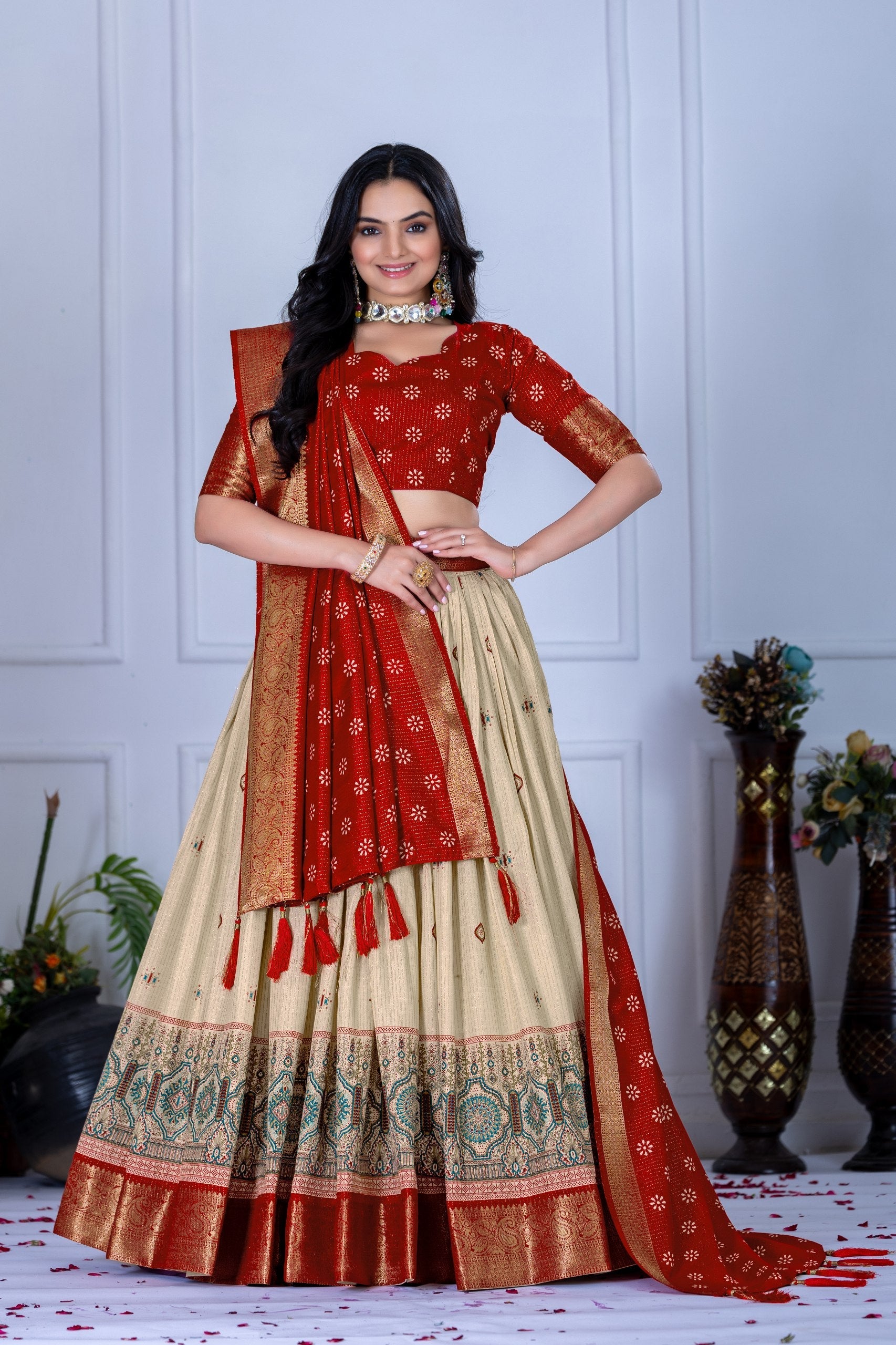 DEIANA'S Jacquard With Jari Lining With Print Lehenga Choli - Off White - Swadesiicart