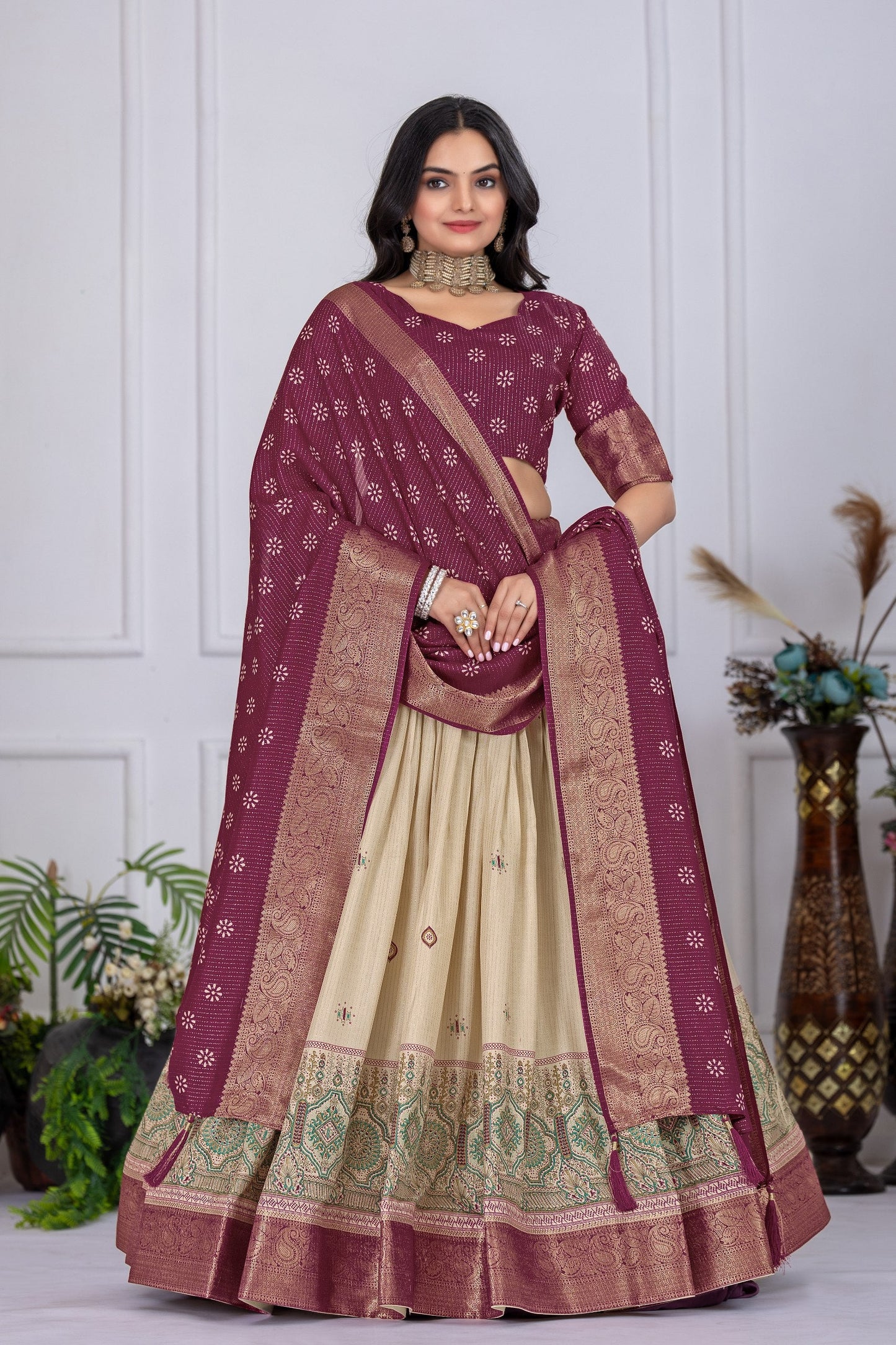 DEIANA'S Jacquard With Jari Lining With Print Lehenga Choli - Off White - Swadesiicart