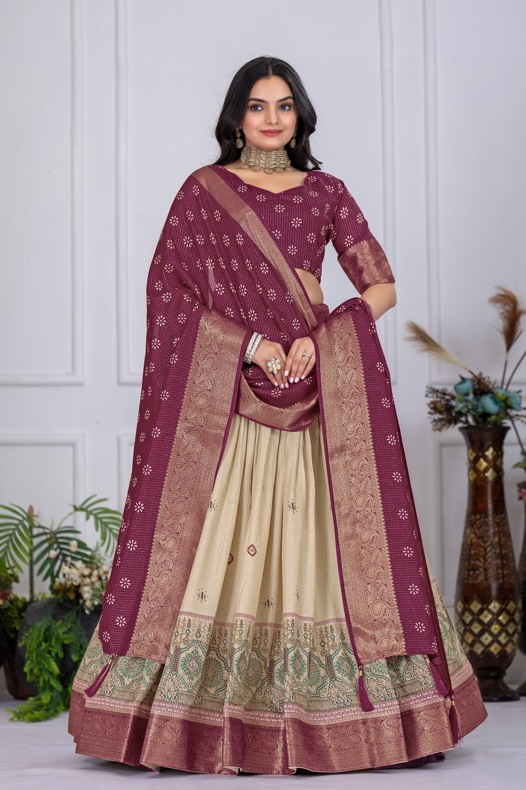 DEIANA'S Jacquard With Jari Lining With Print Lehenga Choli - Off White - Swadesiicart