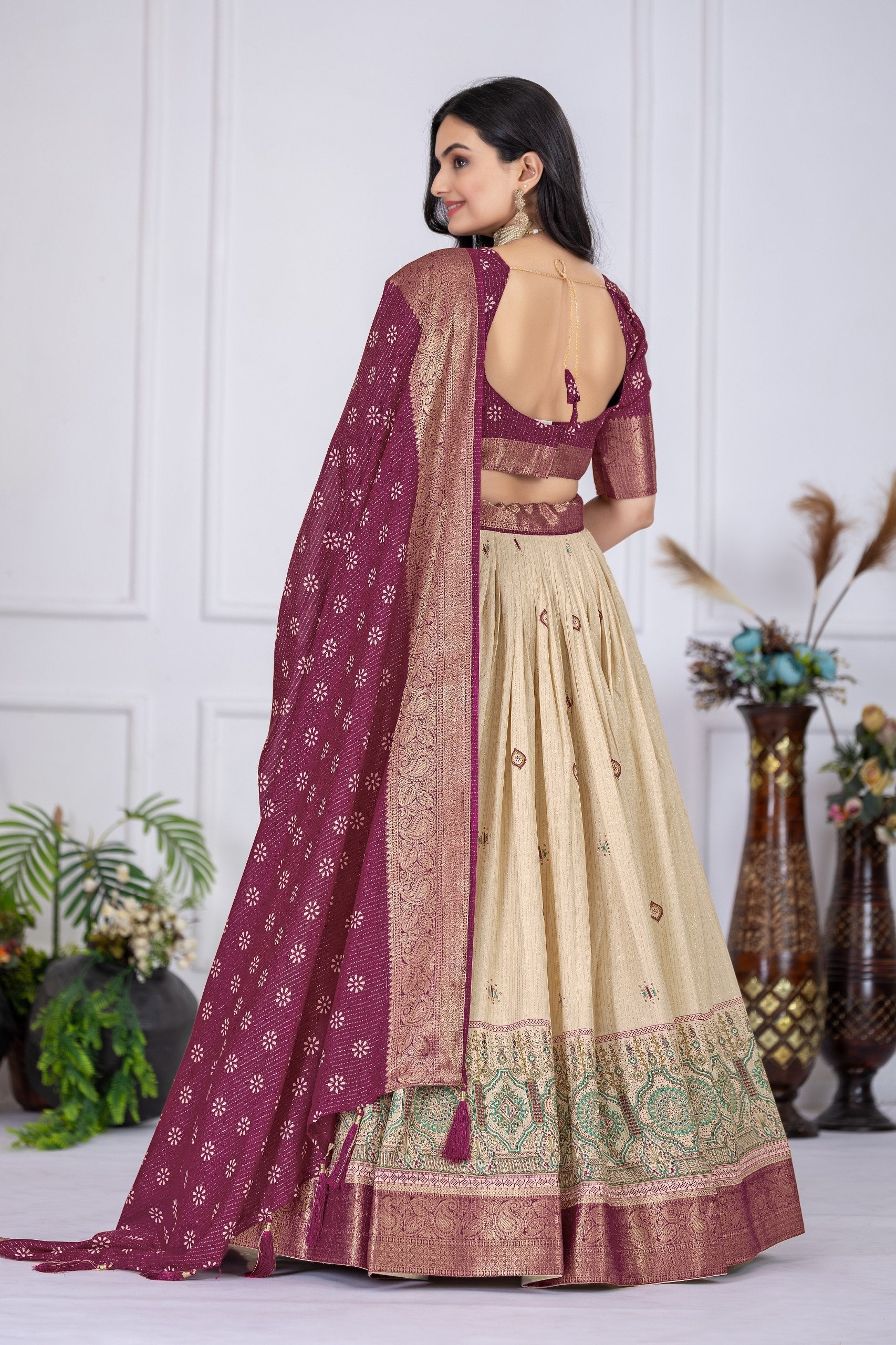 DEIANA'S Jacquard With Jari Lining With Print Lehenga Choli - Off White - Swadesiicart