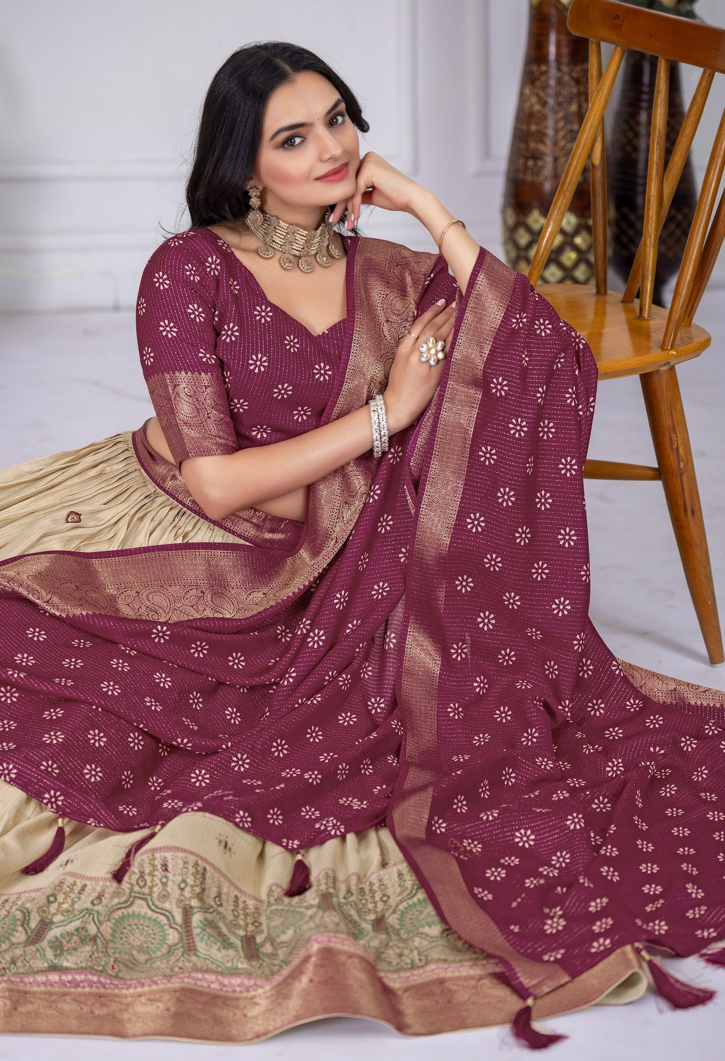 DEIANA'S Jacquard With Jari Lining With Print Lehenga Choli - Off White - Swadesiicart