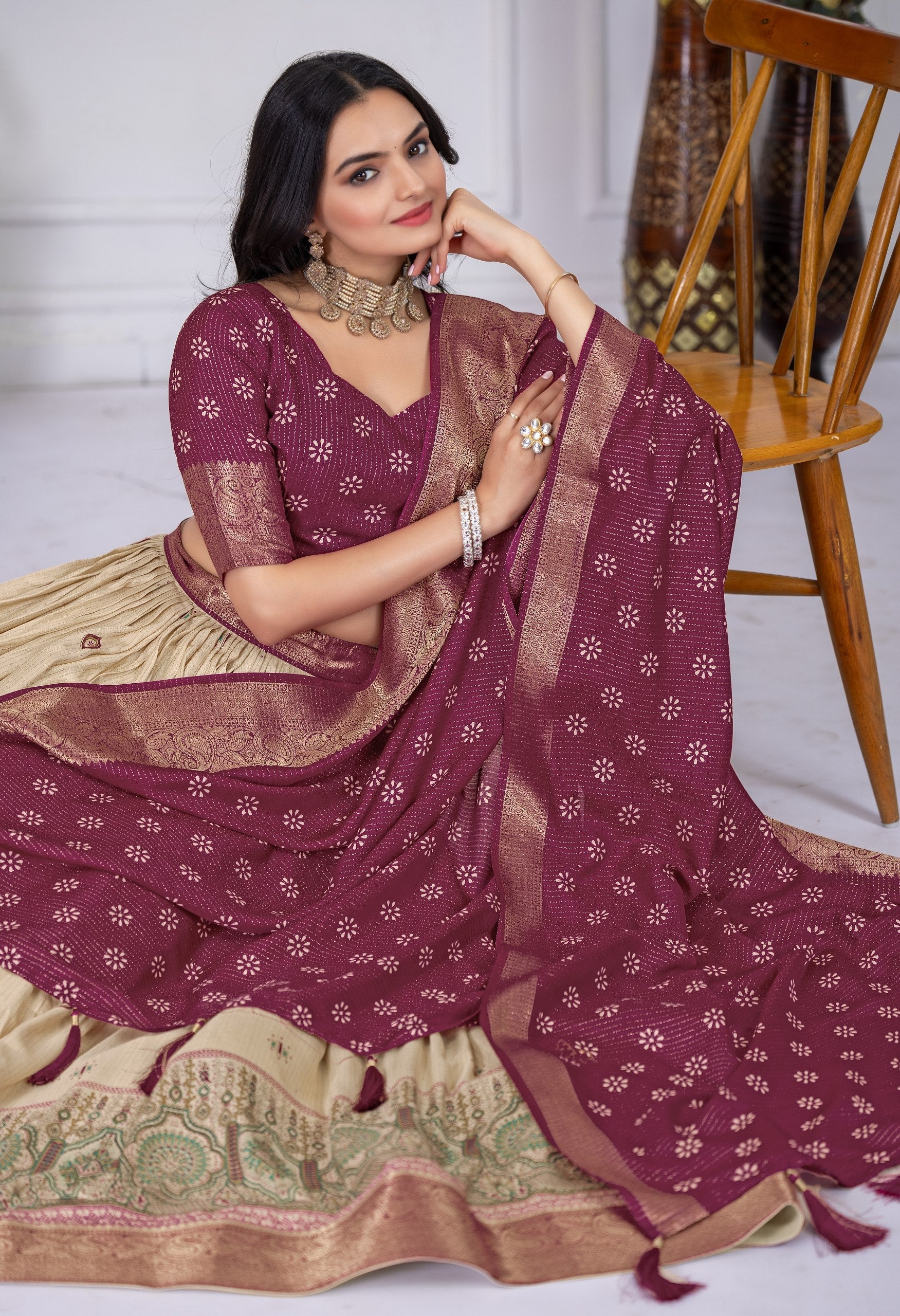 DEIANA'S Jacquard With Jari Lining With Print Lehenga Choli - Off White - Swadesiicart