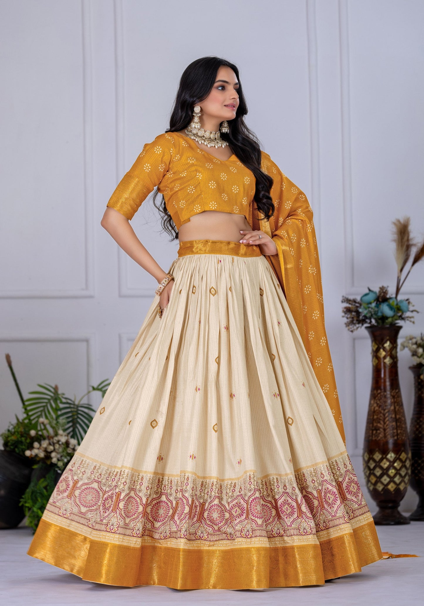 DEIANA'S Jacquard With Jari Lining With Print Lehenga Choli - Off White - Swadesiicart