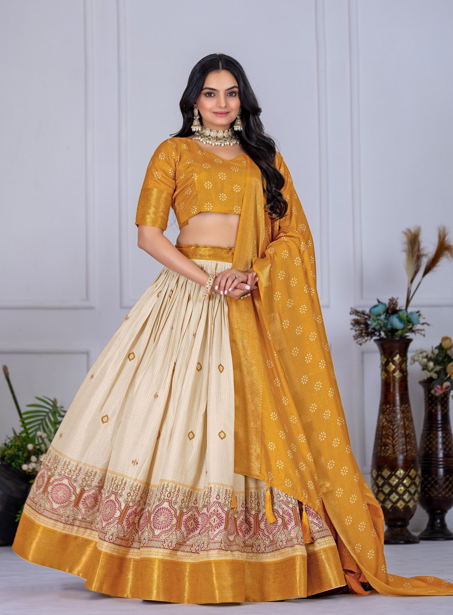 DEIANA'S Jacquard With Jari Lining With Print Lehenga Choli - Off White - Swadesiicart