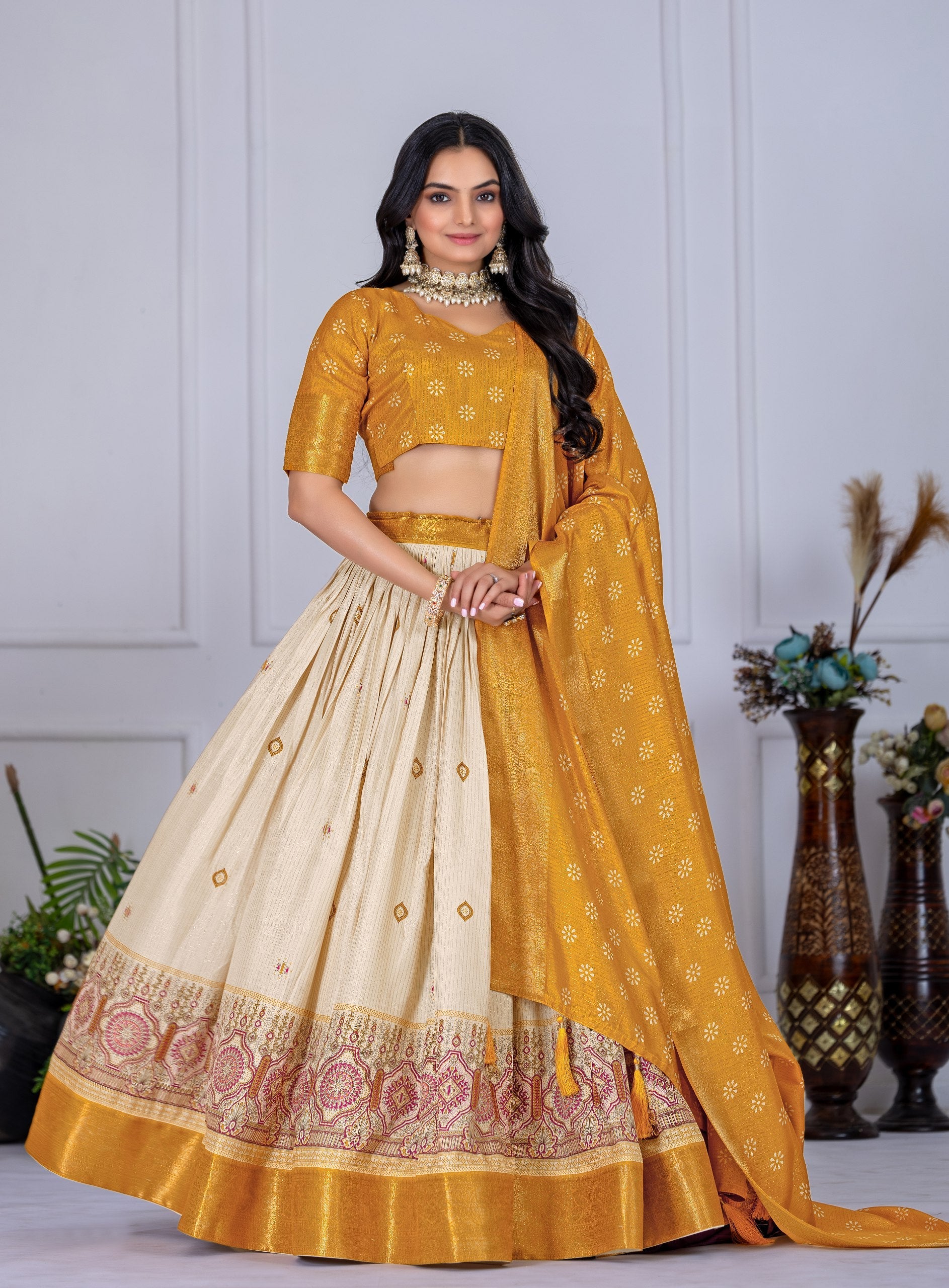 DEIANA'S Jacquard With Jari Lining With Print Lehenga Choli - Off White - Swadesiicart