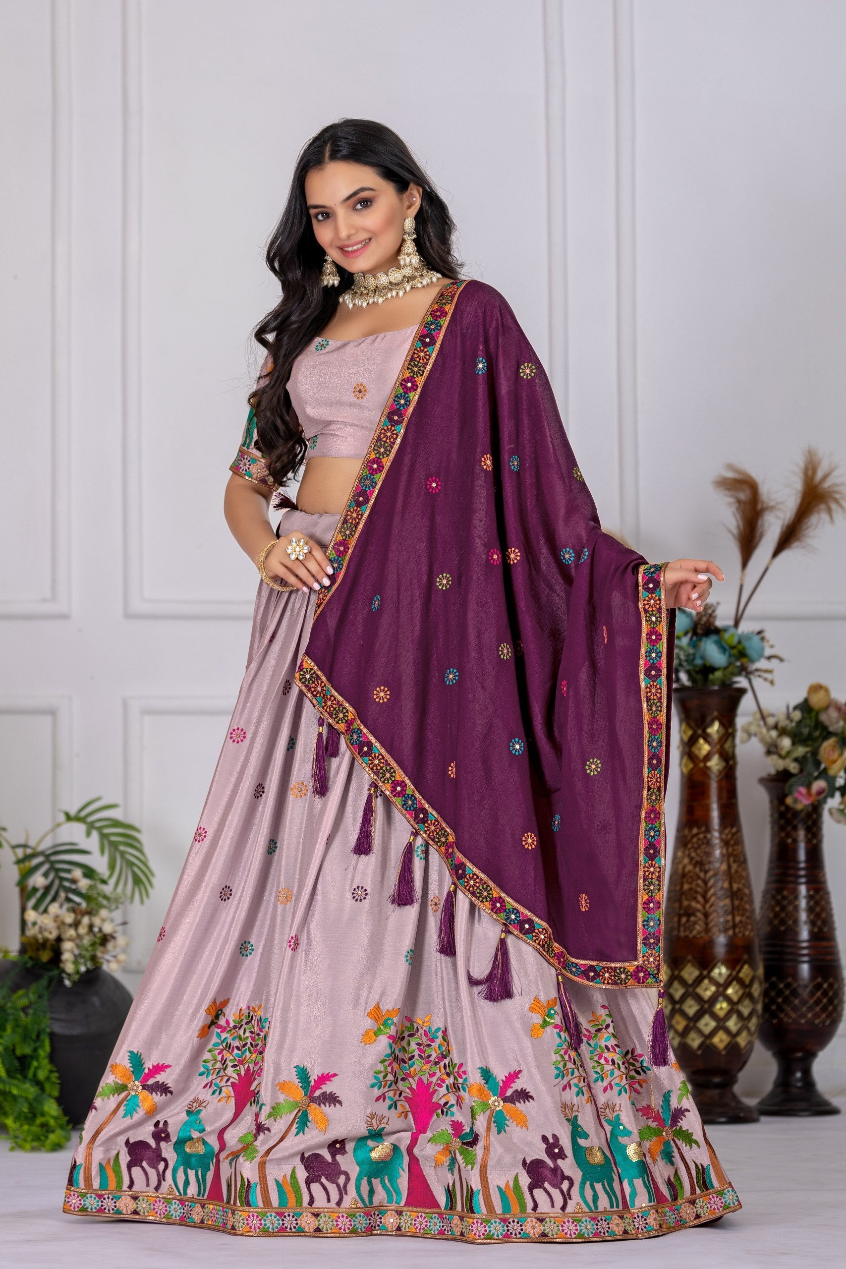 DEIANA'S Heavy Embroidery With Multi Color Work Lehenga Choli - Pink - Swadesiicart