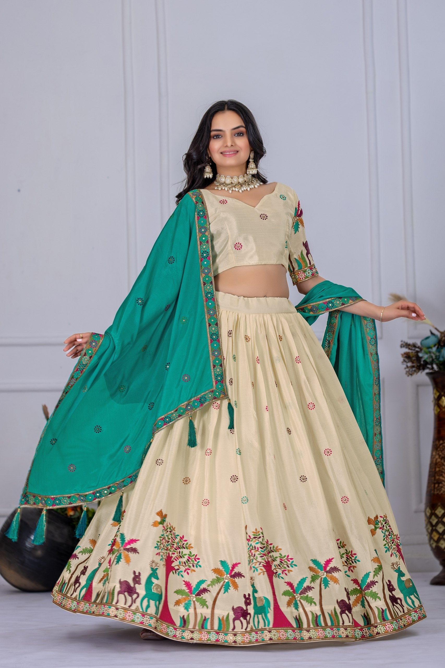 DEIANA'S Heavy Embroidery With Multi Color Work Lehenga Choli - Off White - Swadesiicart