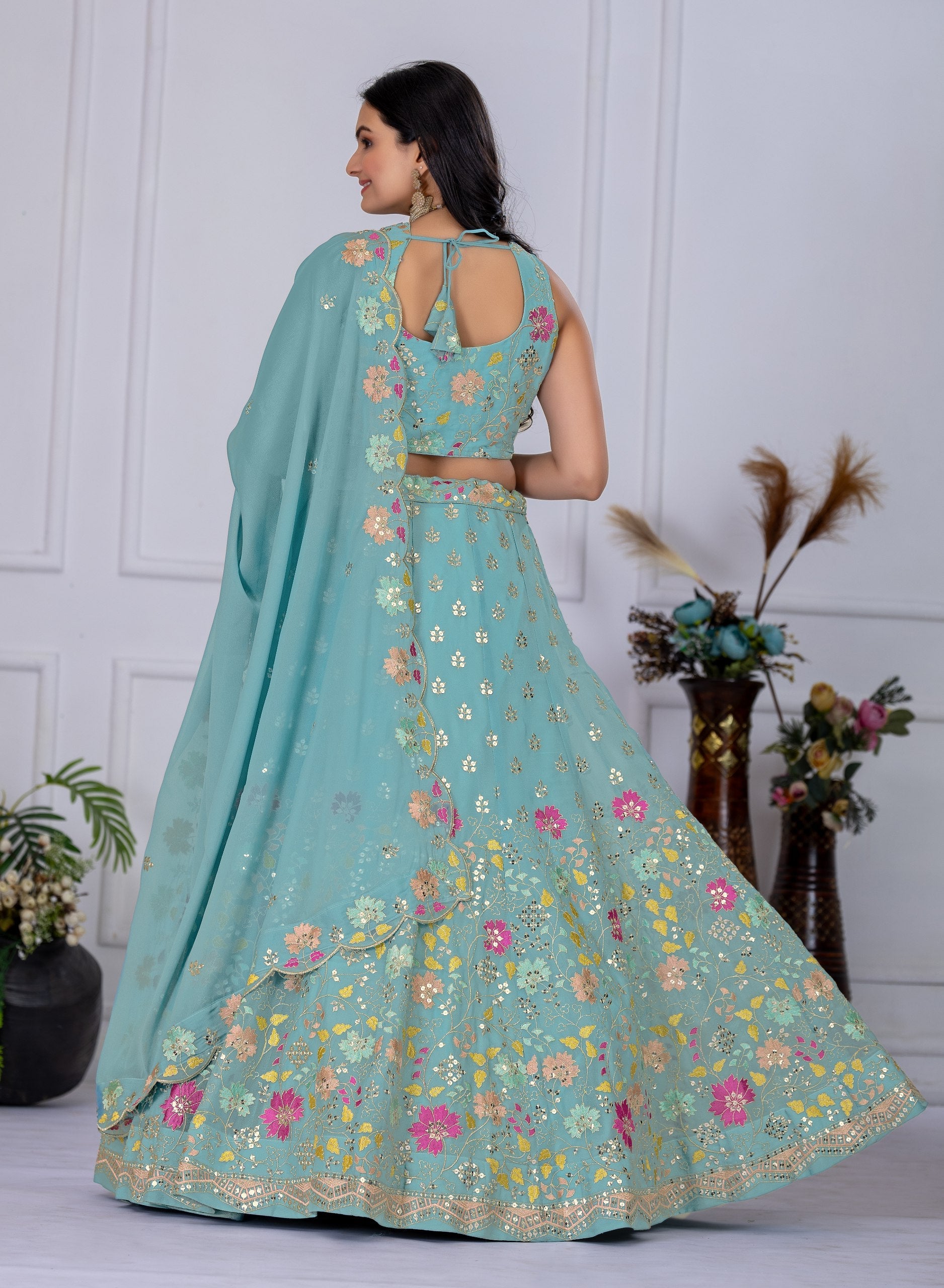 DEIANA'S Heavy Embroidery With Multi Thread Work Lehenga Choli - Firozi - Swadesiicart