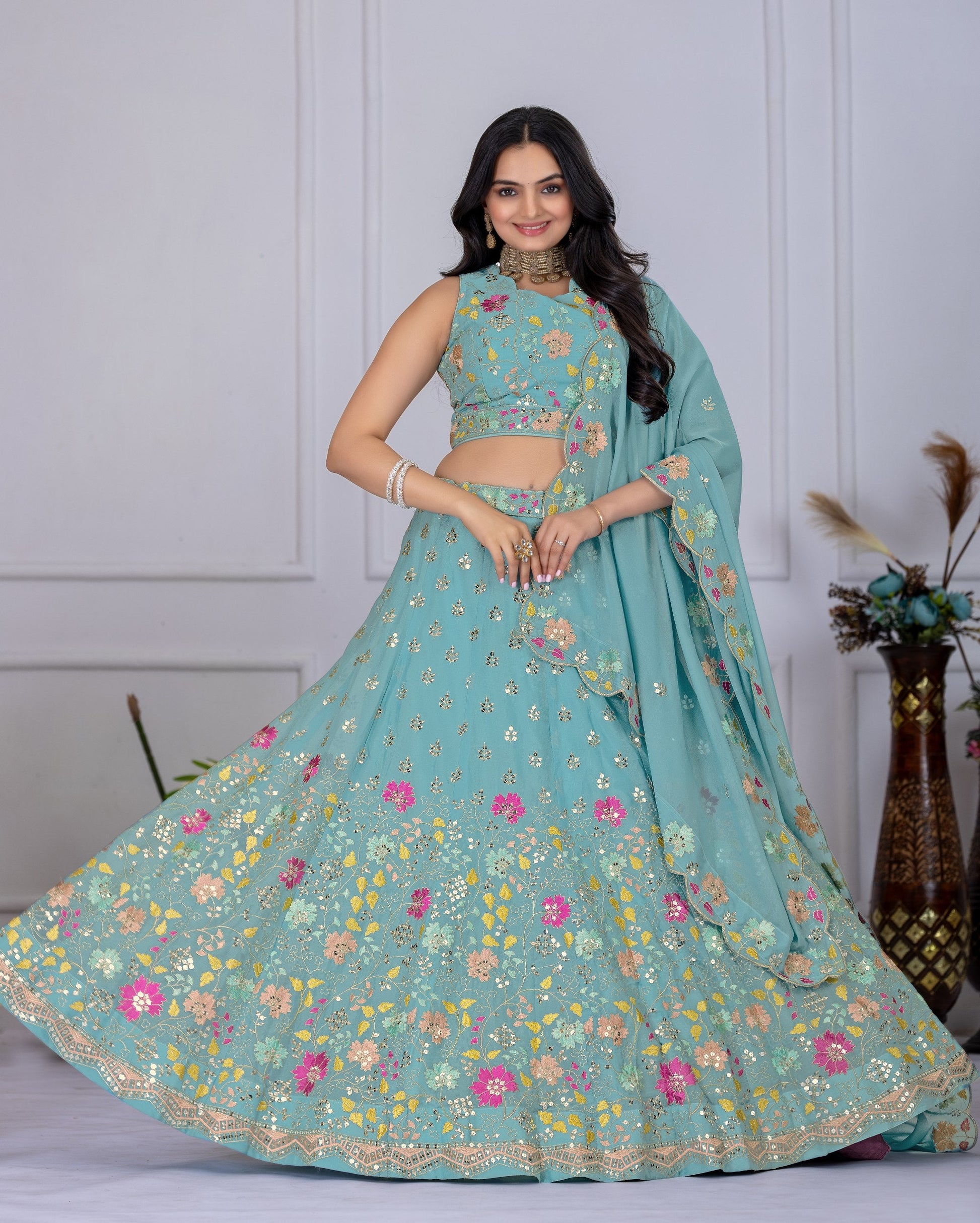 DEIANA'S Heavy Embroidery With Multi Thread Work Lehenga Choli - Firozi - Swadesiicart