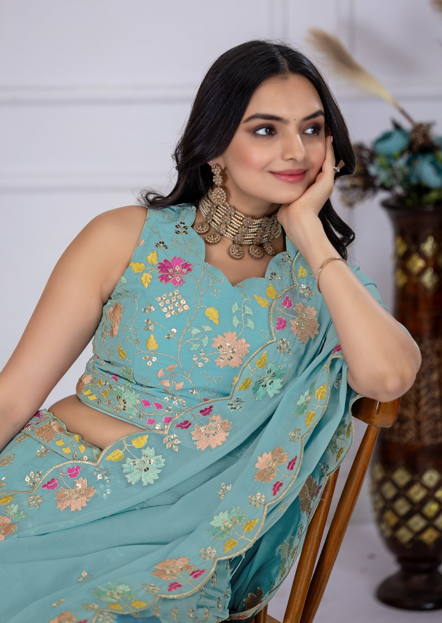DEIANA'S Heavy Embroidery With Multi Thread Work Lehenga Choli - Firozi - Swadesiicart