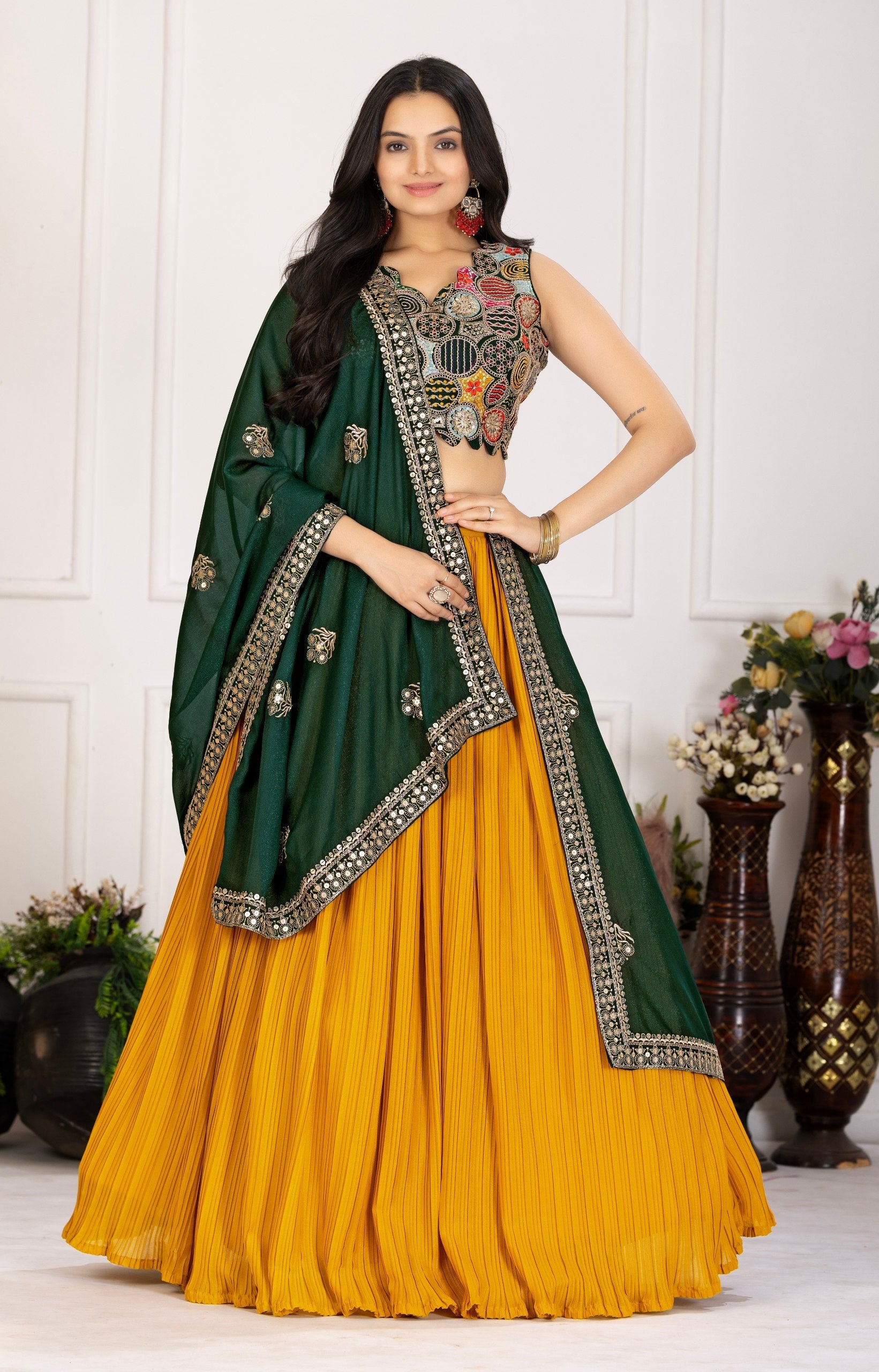 DEIANA'S Heavy Plain with crease work Lehenga Choli - Yellow - Swadesiicart