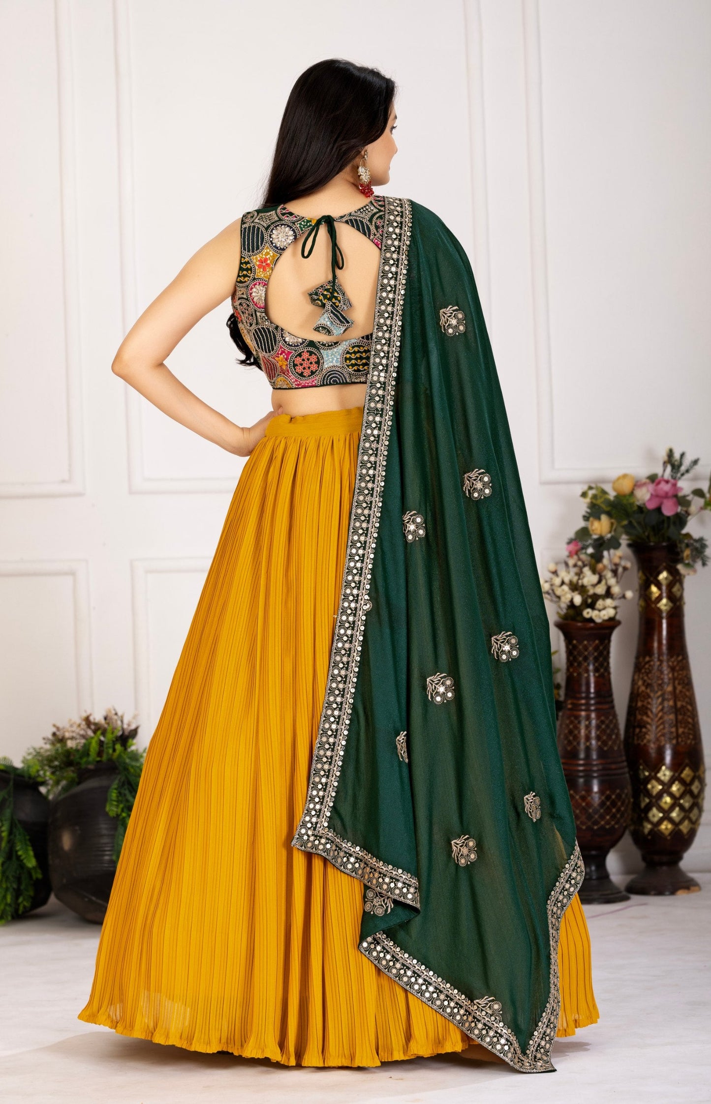 DEIANA'S Heavy Plain with crease work Lehenga Choli - Yellow - Swadesiicart