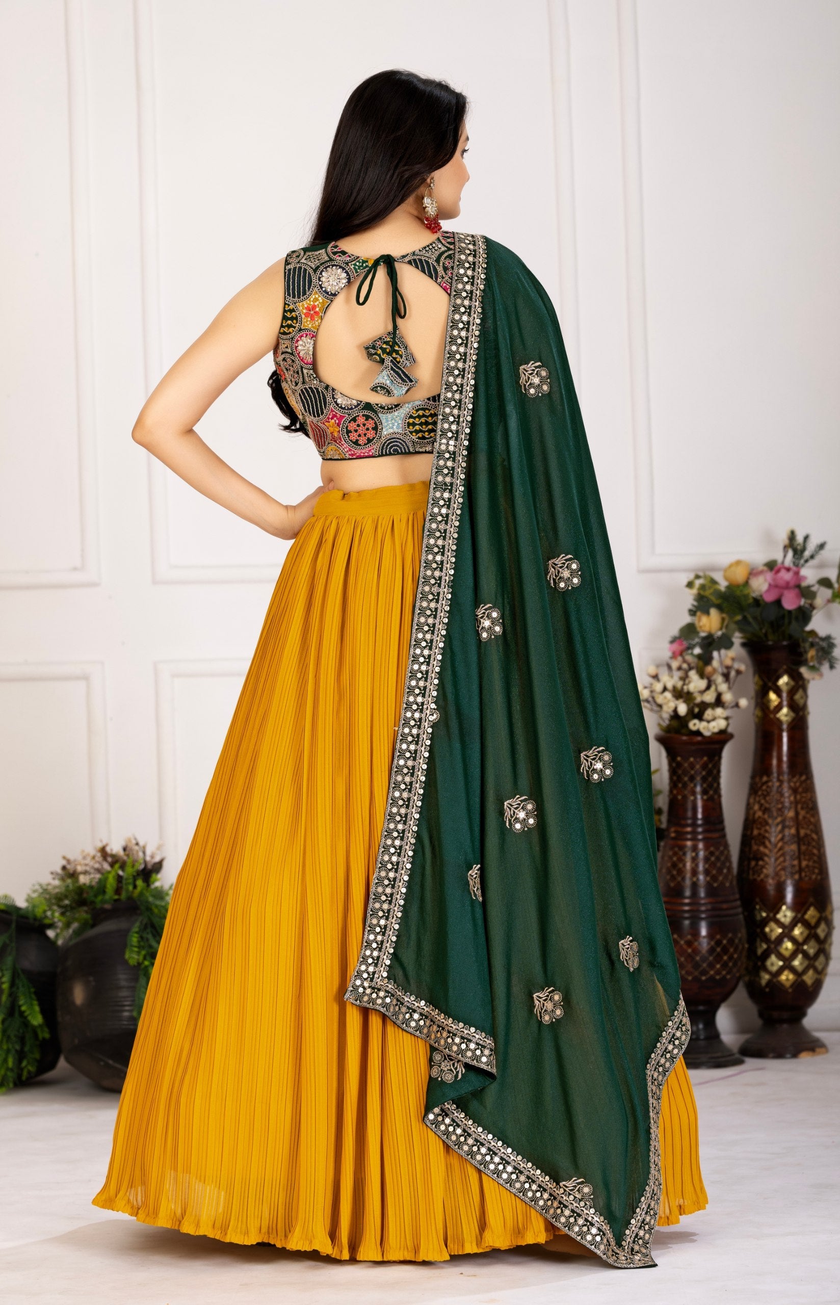 DEIANA'S Heavy Plain with crease work Lehenga Choli - Yellow - Swadesiicart