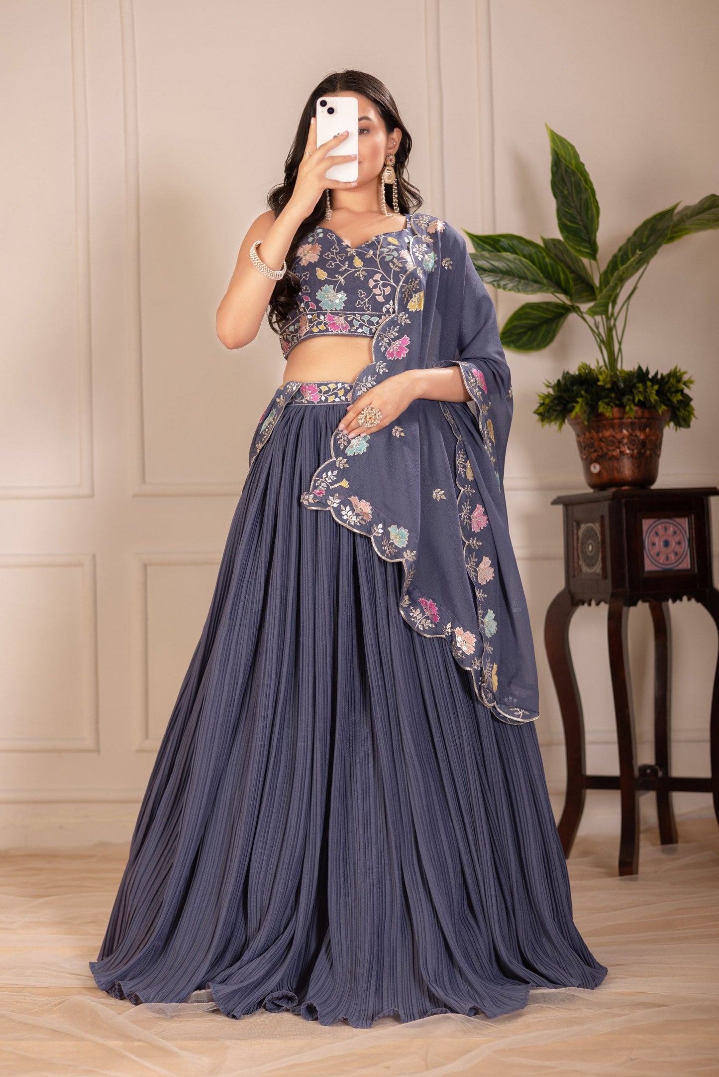 DEIANA'S Heavy Plain with crease work Lehenga Choli - Grey - Swadesiicart
