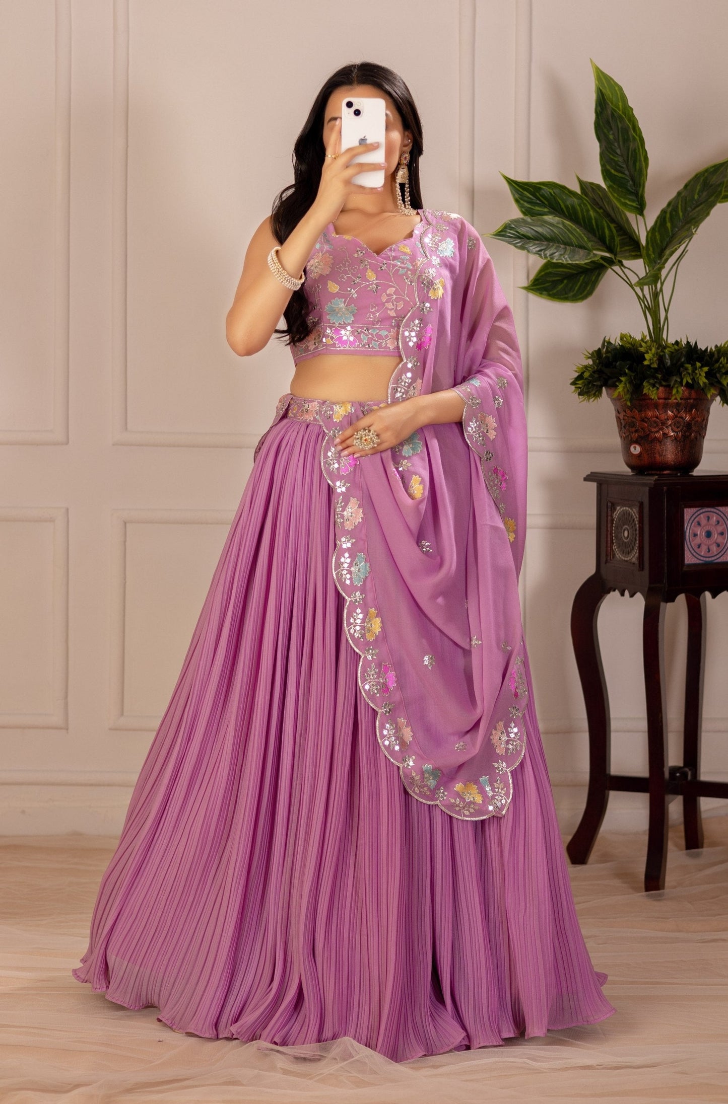 DEIANA'S Heavy Plain with crease work Lehenga Choli - Pink - Swadesiicart