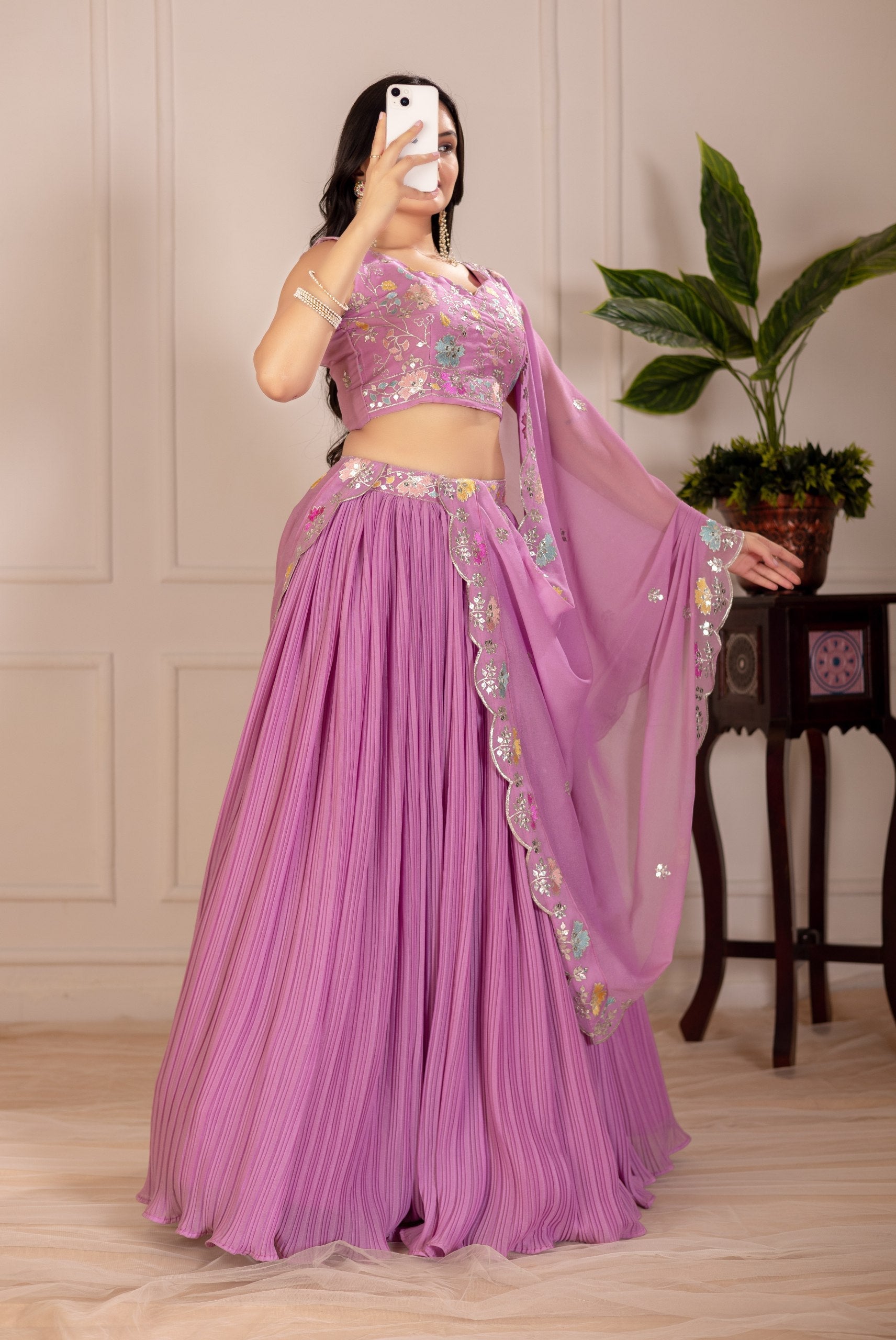 DEIANA'S Heavy Plain with crease work Lehenga Choli - Pink - Swadesiicart