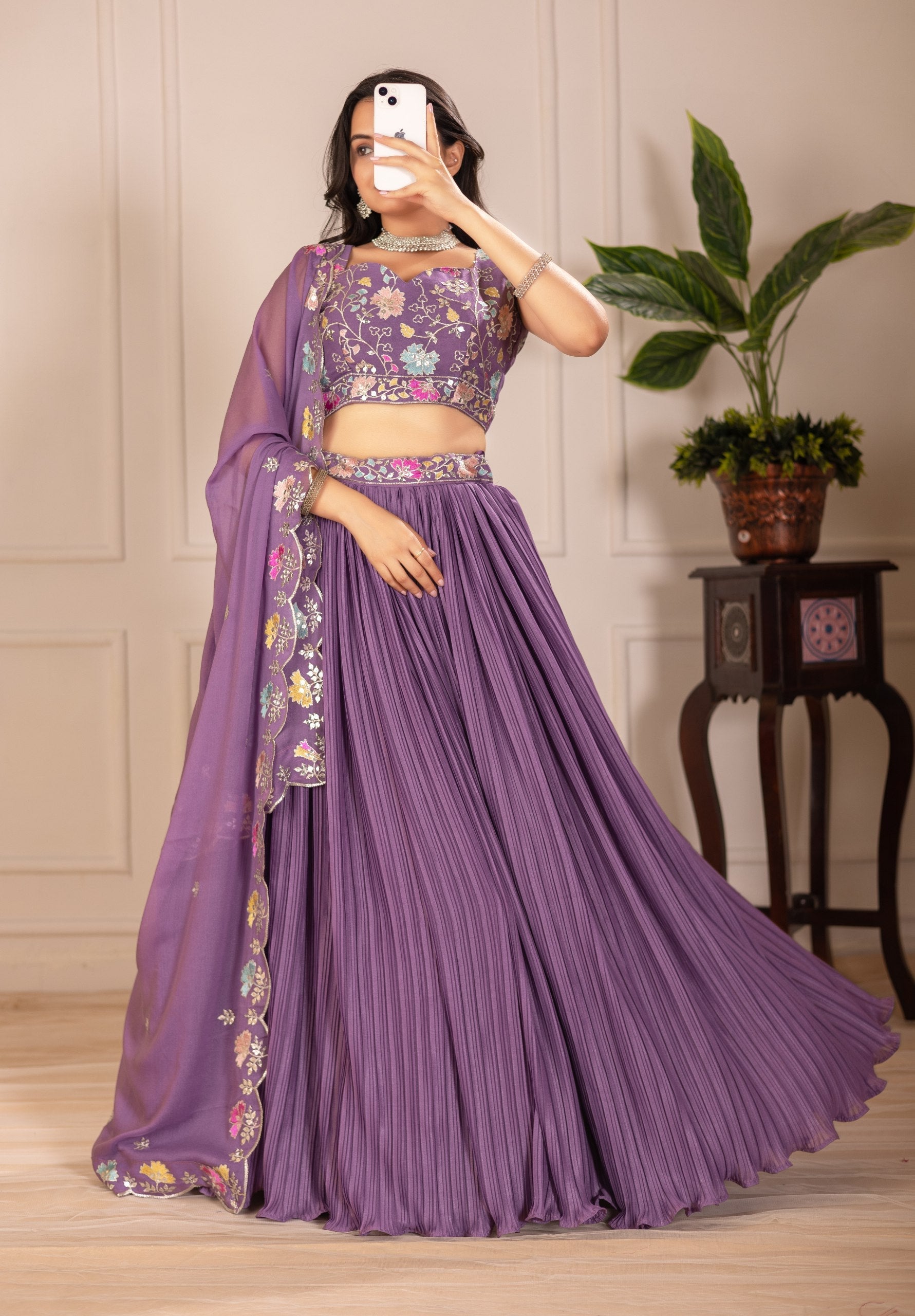 DEIANA'S Heavy Plain with crease work Lehenga Choli - Purple - Swadesiicart