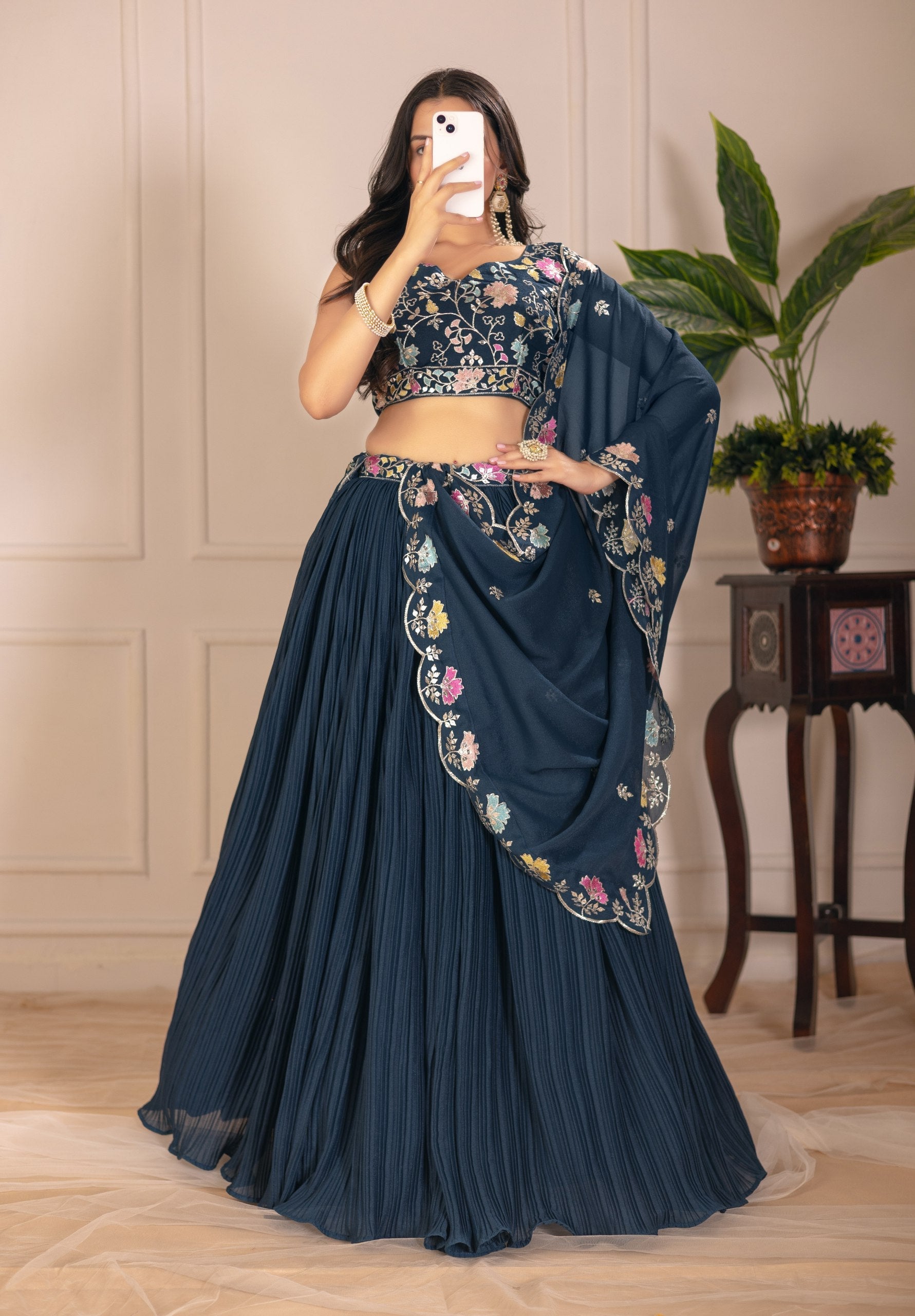 DEIANA'S Heavy Plain with crease work Lehenga Choli - Rama - Swadesiicart