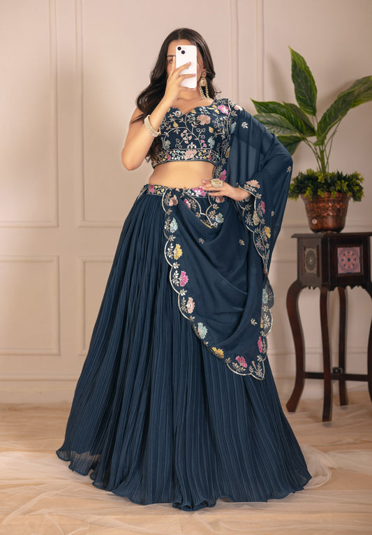 DEIANA'S Heavy Plain with crease work Lehenga Choli - Rama - Swadesiicart