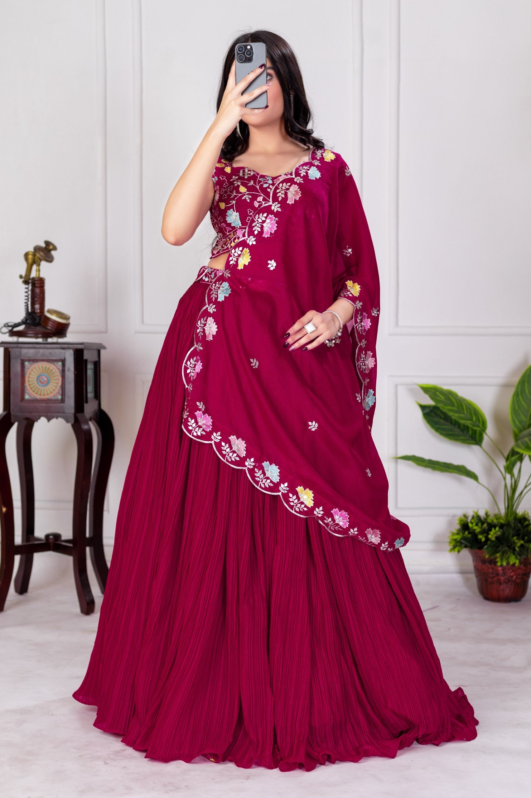 DEIANA'S Heavy Plain with crease work Lehenga Choli - Red - Swadesiicart
