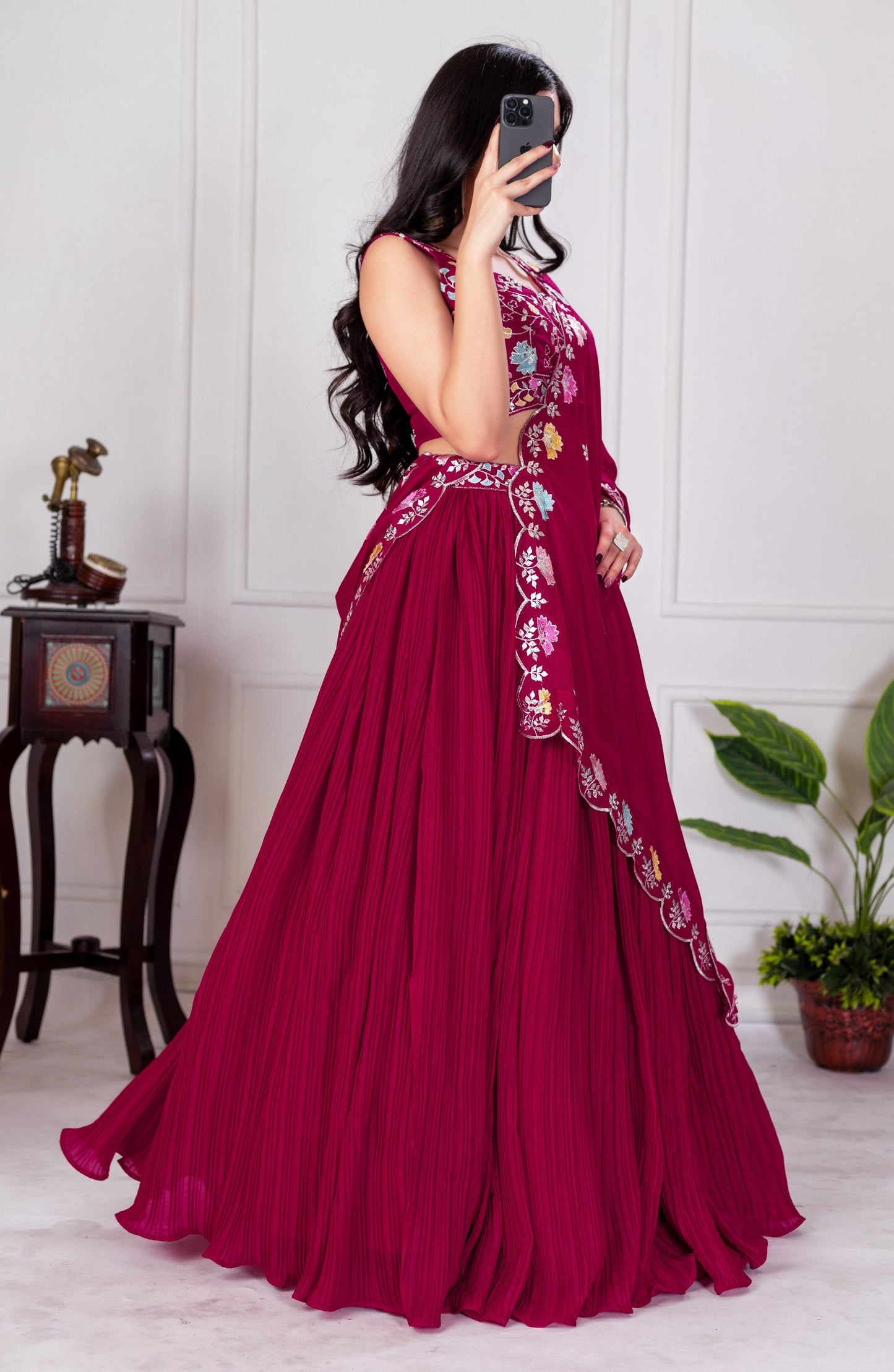 DEIANA'S Heavy Plain with crease work Lehenga Choli - Red - Swadesiicart