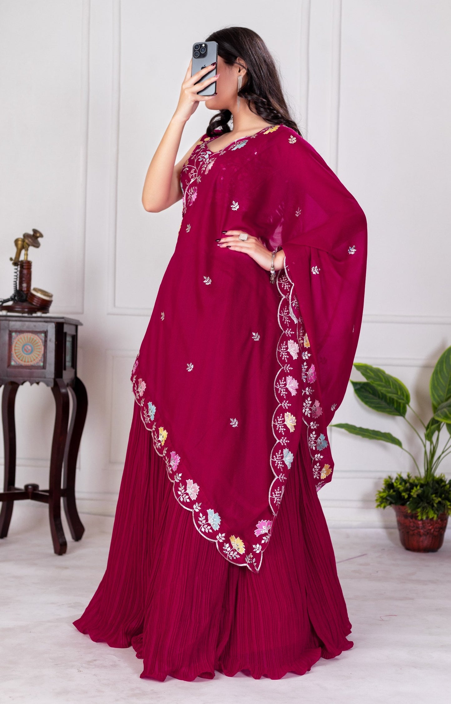 DEIANA'S Heavy Plain with crease work Lehenga Choli - Red - Swadesiicart