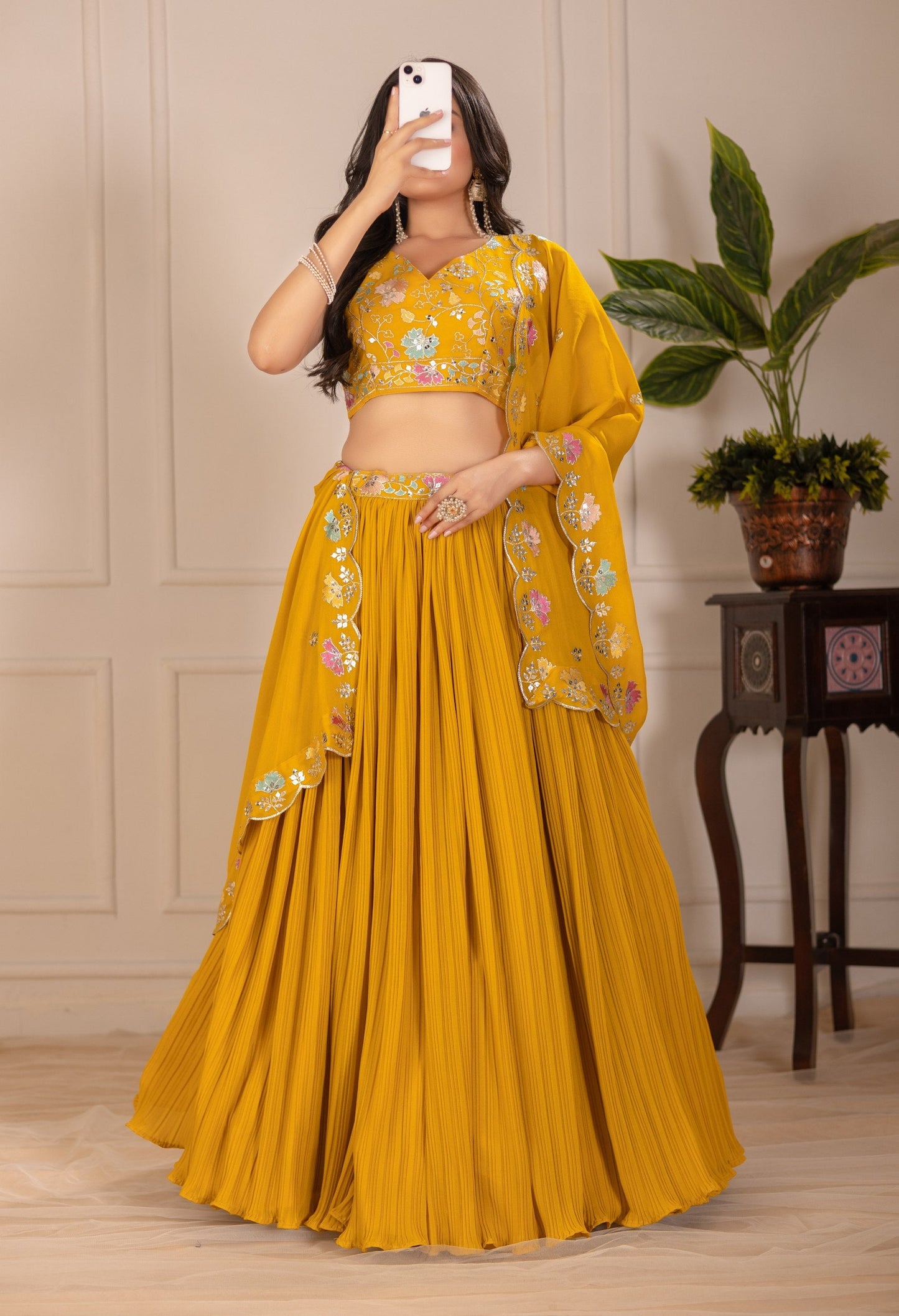 DEIANA'S Heavy Plain with crease work Lehenga Choli - Yellow - Swadesiicart