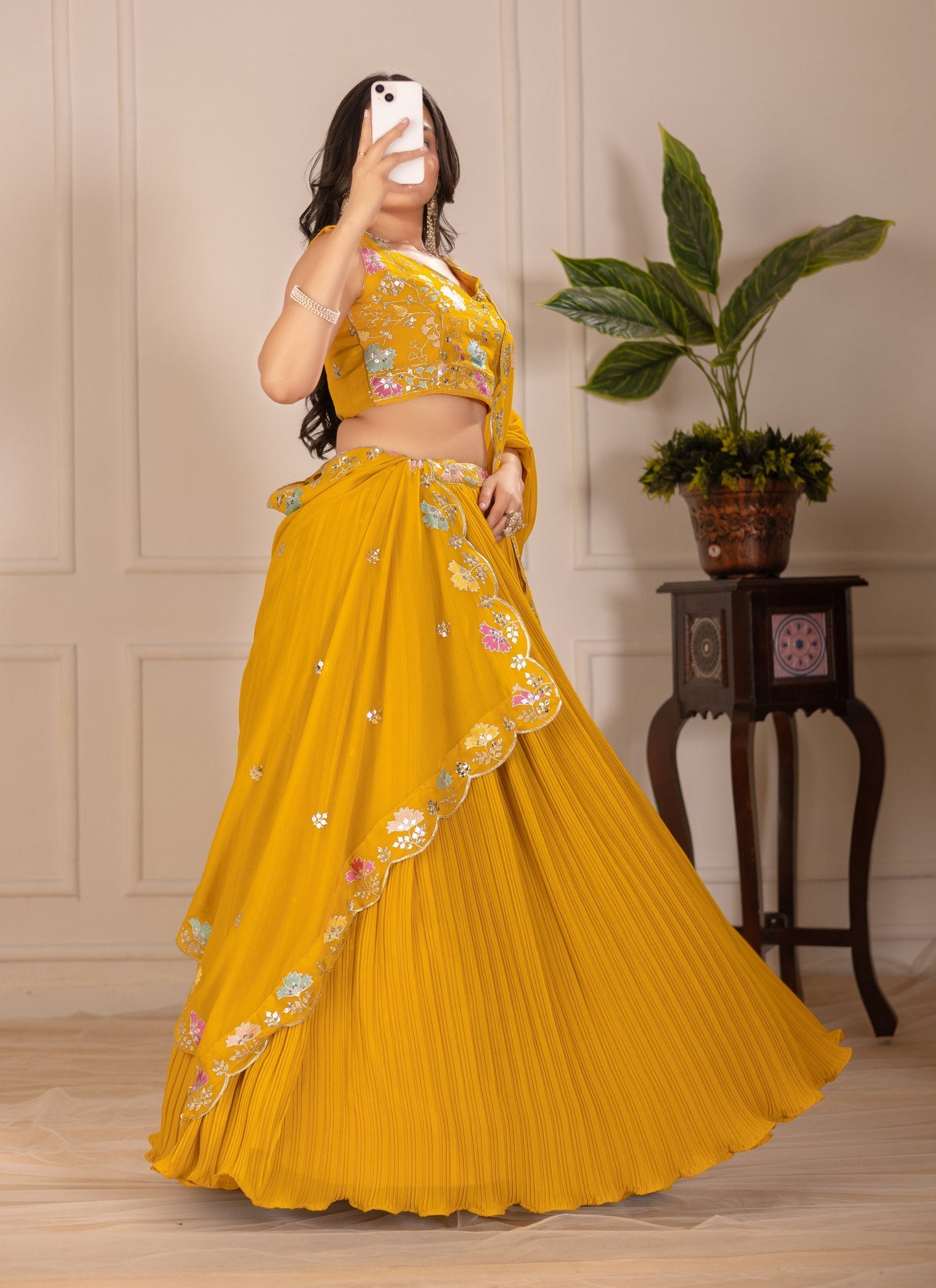 DEIANA'S Heavy Plain with crease work Lehenga Choli - Yellow - Swadesiicart