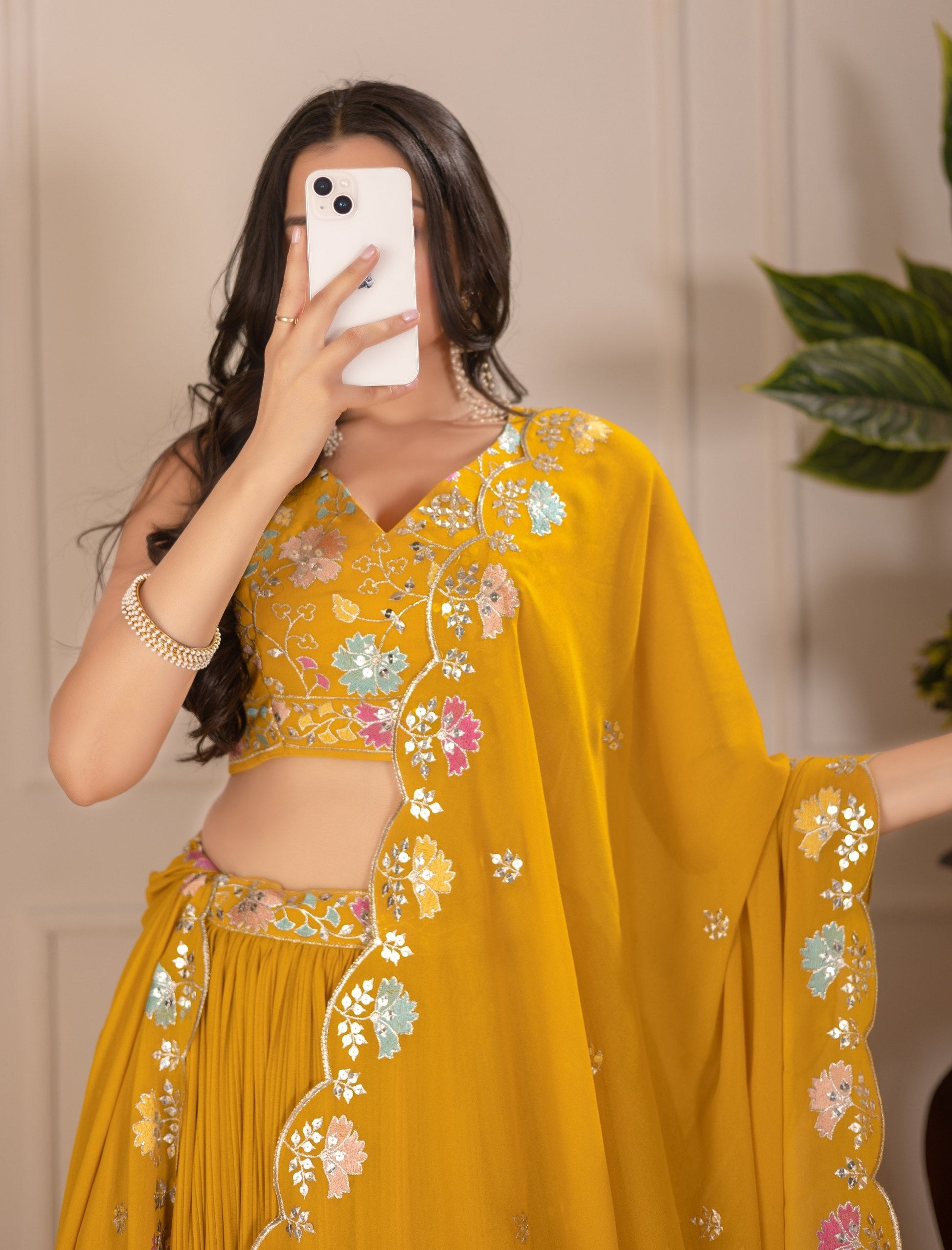 DEIANA'S Heavy Plain with crease work Lehenga Choli - Yellow - Swadesiicart
