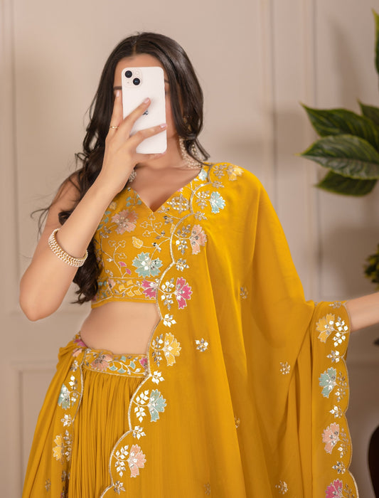 DEIANA'S Heavy Plain with crease work Lehenga Choli - Yellow - Swadesiicart